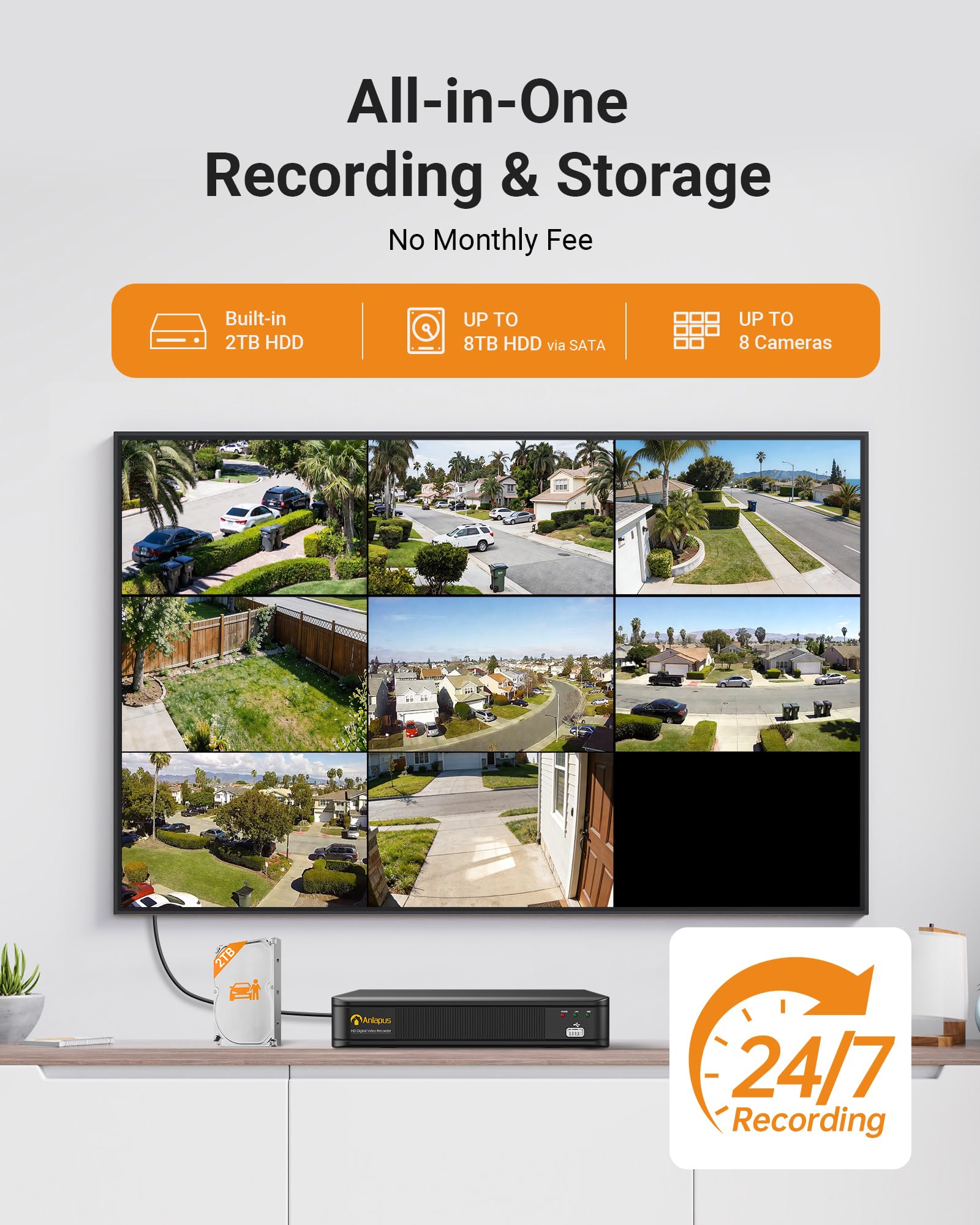 Anlapus 8CH 1080P Überwachungskamera Set H.265+ 1080P DVR Rekorder mit 2TB Festplatte und 8X 2MP Außen Bullet Kamera, 24M IR Nachtsicht