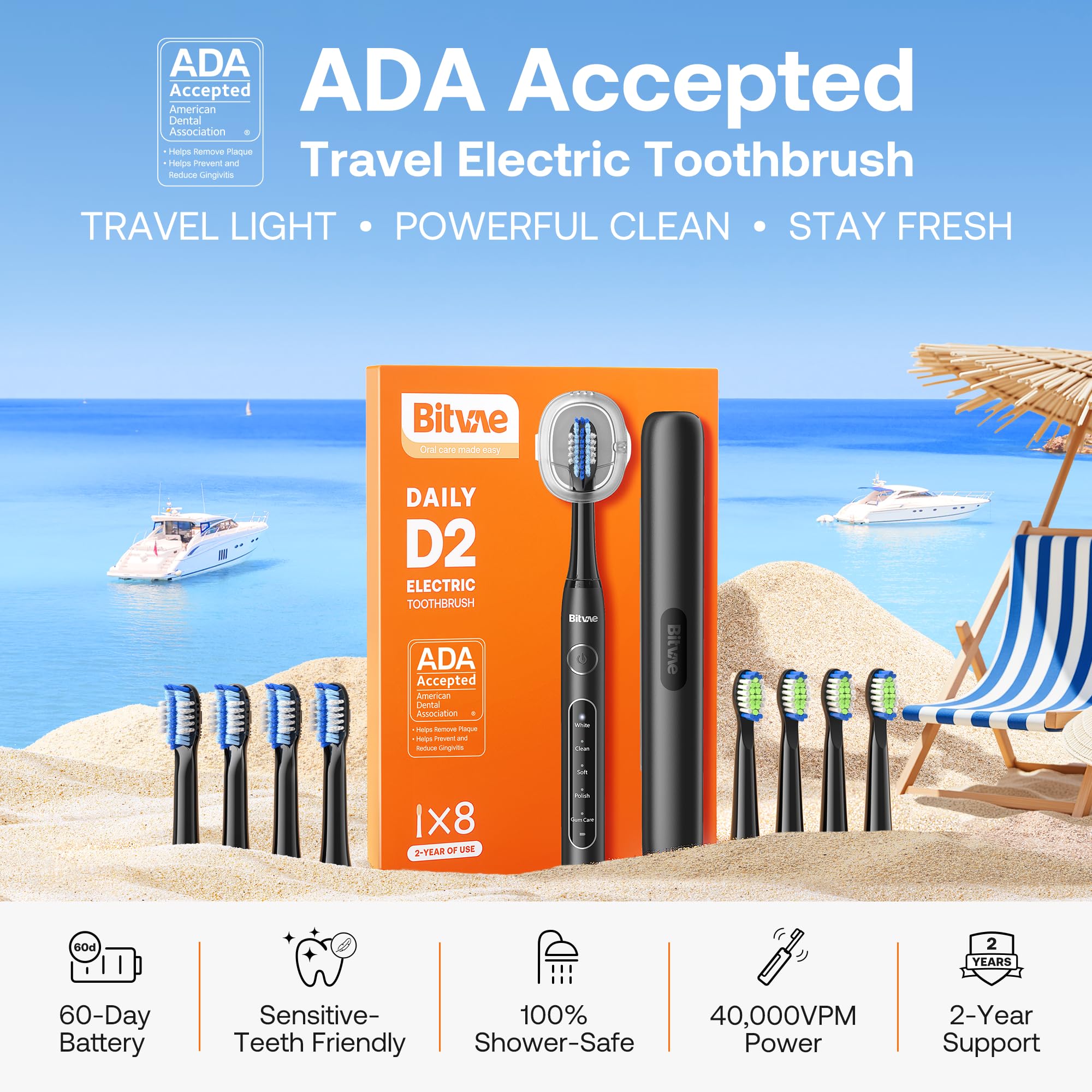 Bitvae ADA Accepted Electric Toothbrush, Travel Toothbrush Rechargeable for Adults and Kids, 60-Day Battery, 5 Modes, 8 Heads, Portable Travel Case & Holder, Shadow Black