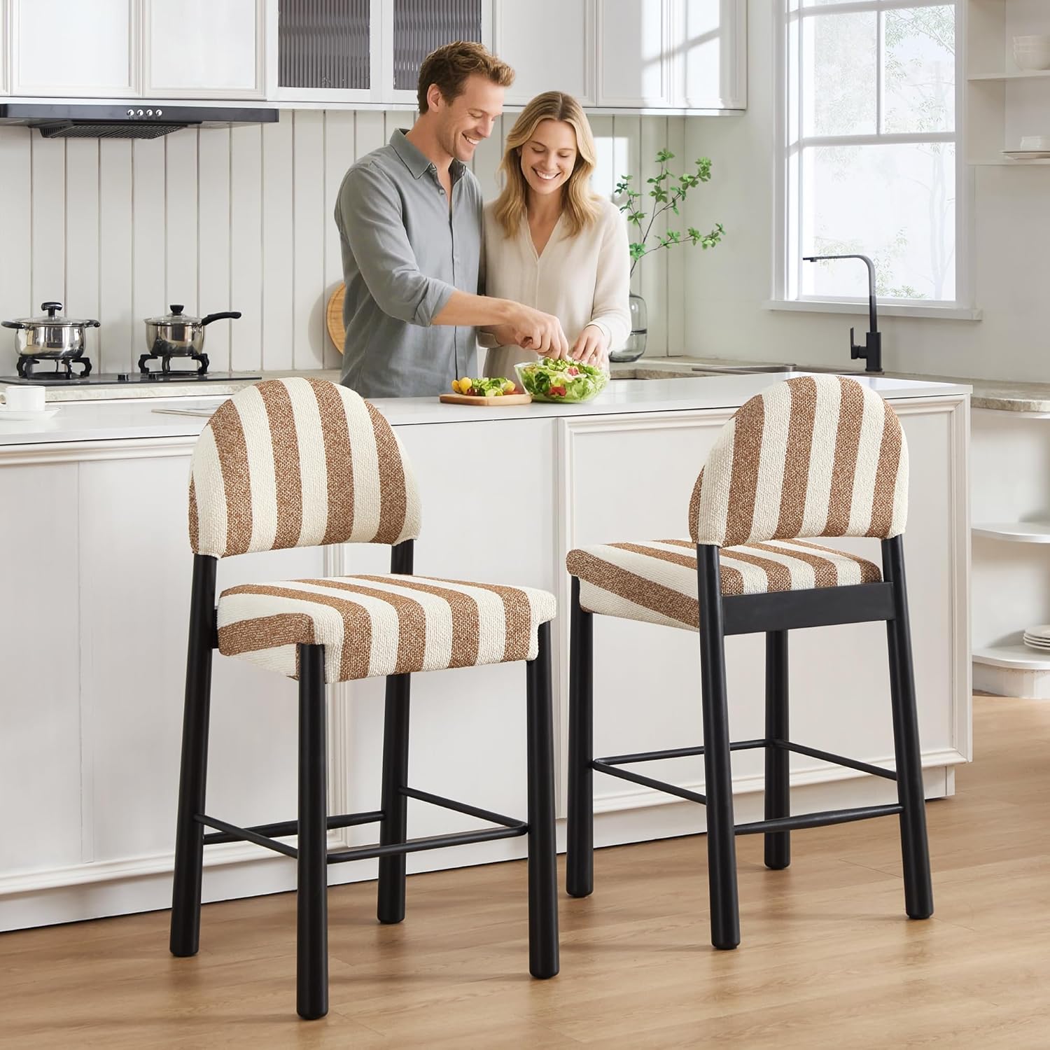 Upholstered Wood Counter Height Bar Stools Set of 2, Wood Frame with Black Finish, French Striped Linen Bar Chairs with Thick Cushion and Ergonomic Backrest for Kitchen Island and Home Pub