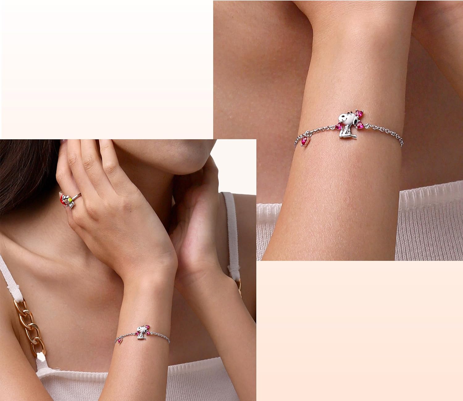 GNOCE Peanuts Snoopy Love Heart Adjustable Bracelet for Her, S925 Sterling Silver Bracelet for Women Fit Bracelet, Halloween Mother's Day Jewelry