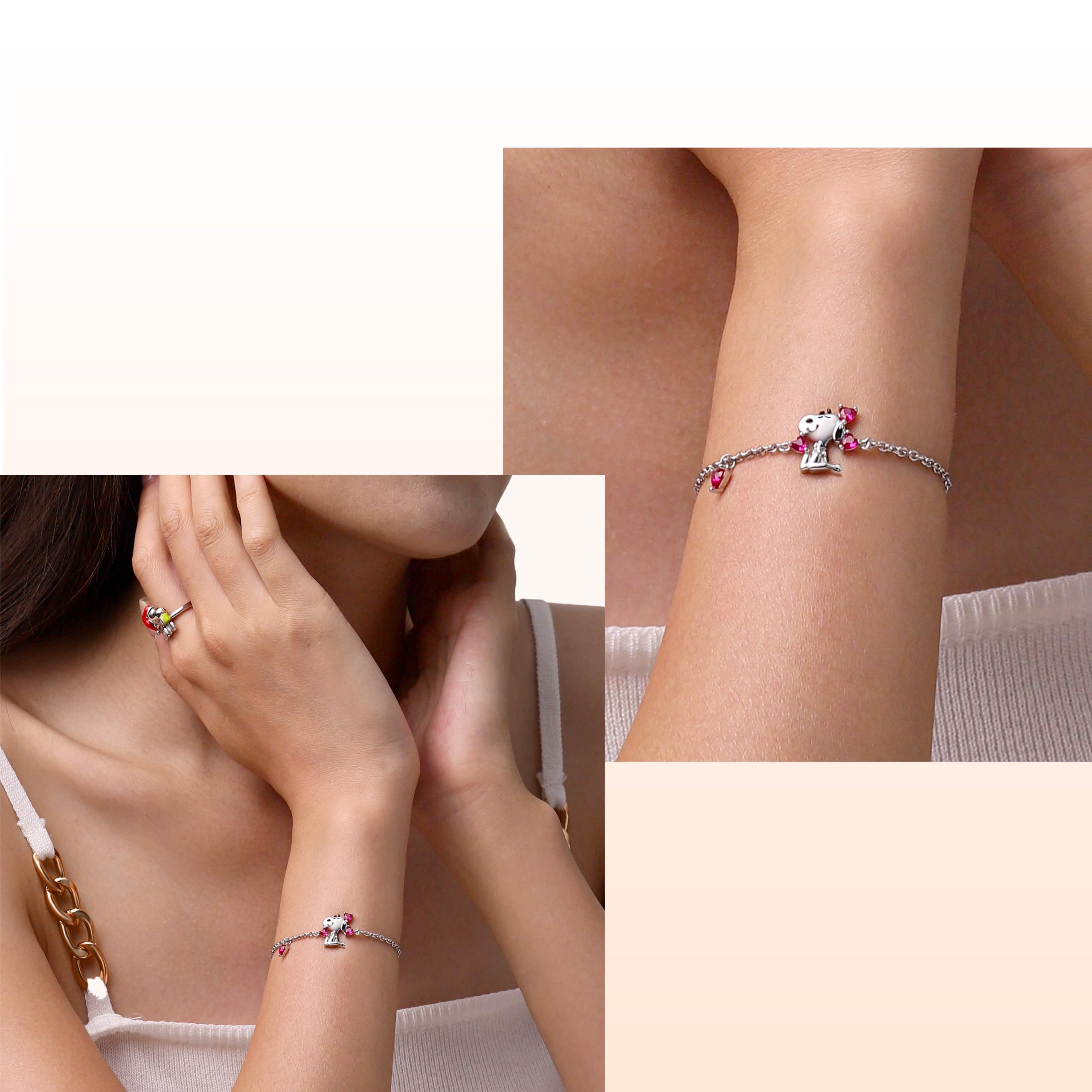 GNOCE Bracciale Peanuts Snoopy Cuore Argento Sterling 925 Regolabile - Gioielli Regalo Ragazze Bambini