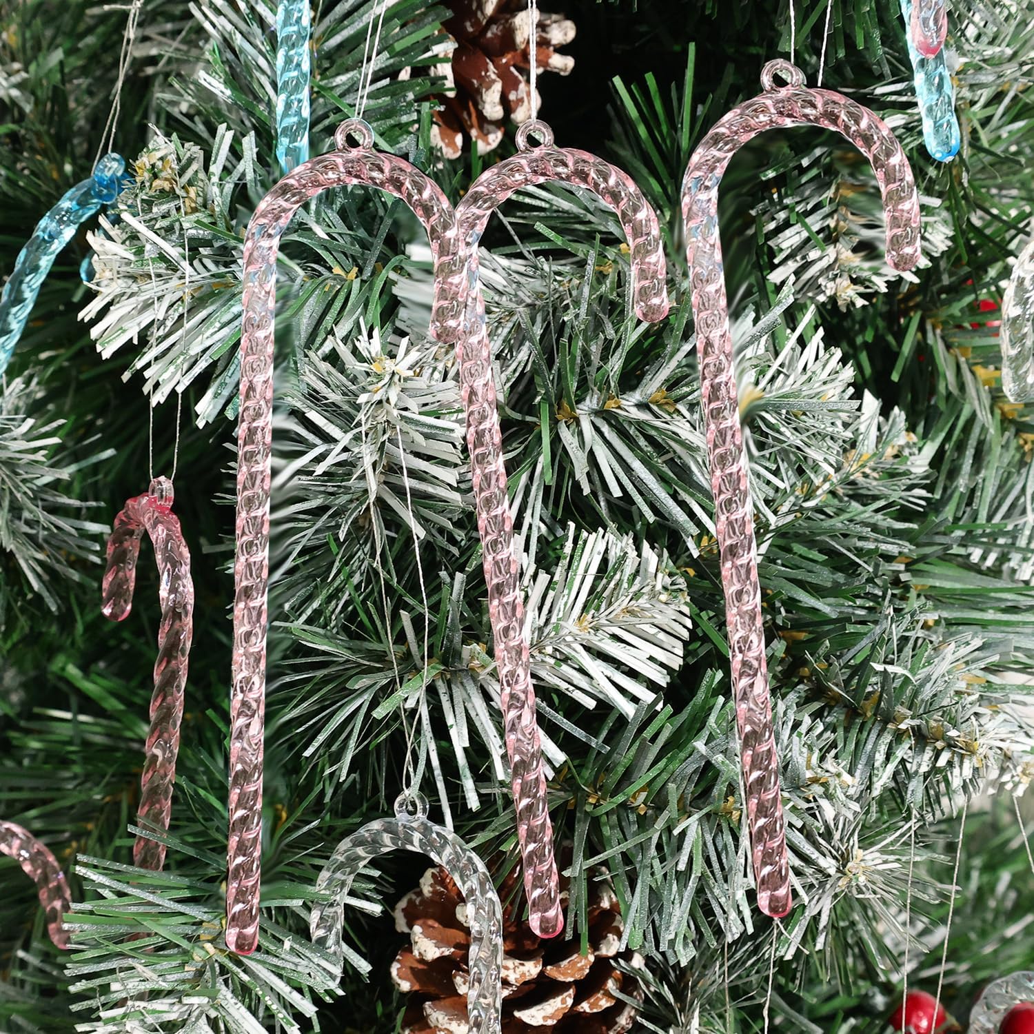 6pcs Christmas Transparent Acrylic Candy Cane Christmas Tree Hanging Pendants Twisted Crutch Candy Cane Party Decorations (Pink)