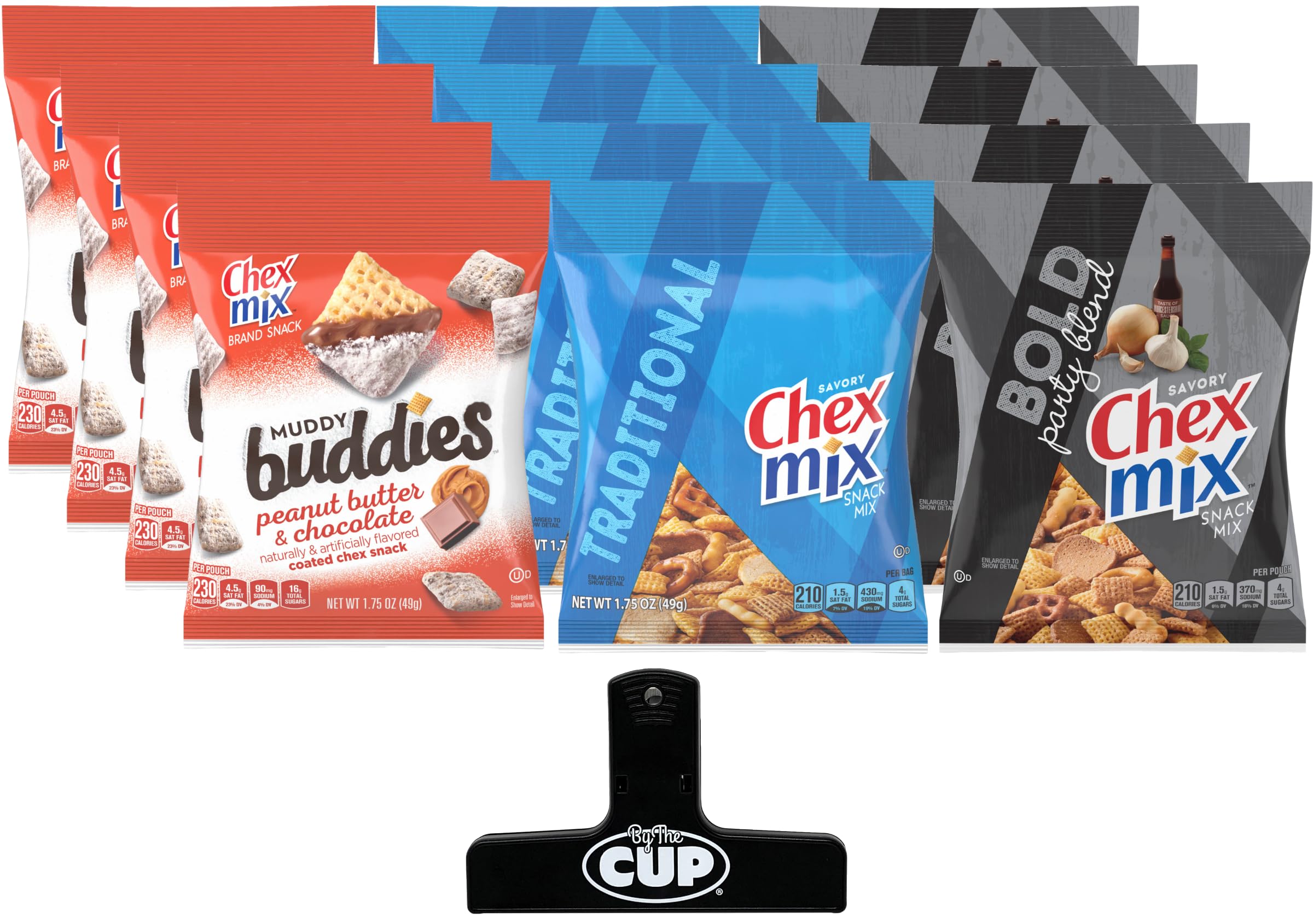 Chex Mix Muddy Buddies Peanut Butter & Chocolate, Traditional, and Bold Party Mix, 1.75oz Bags (Pack of 12) with Bag Clip