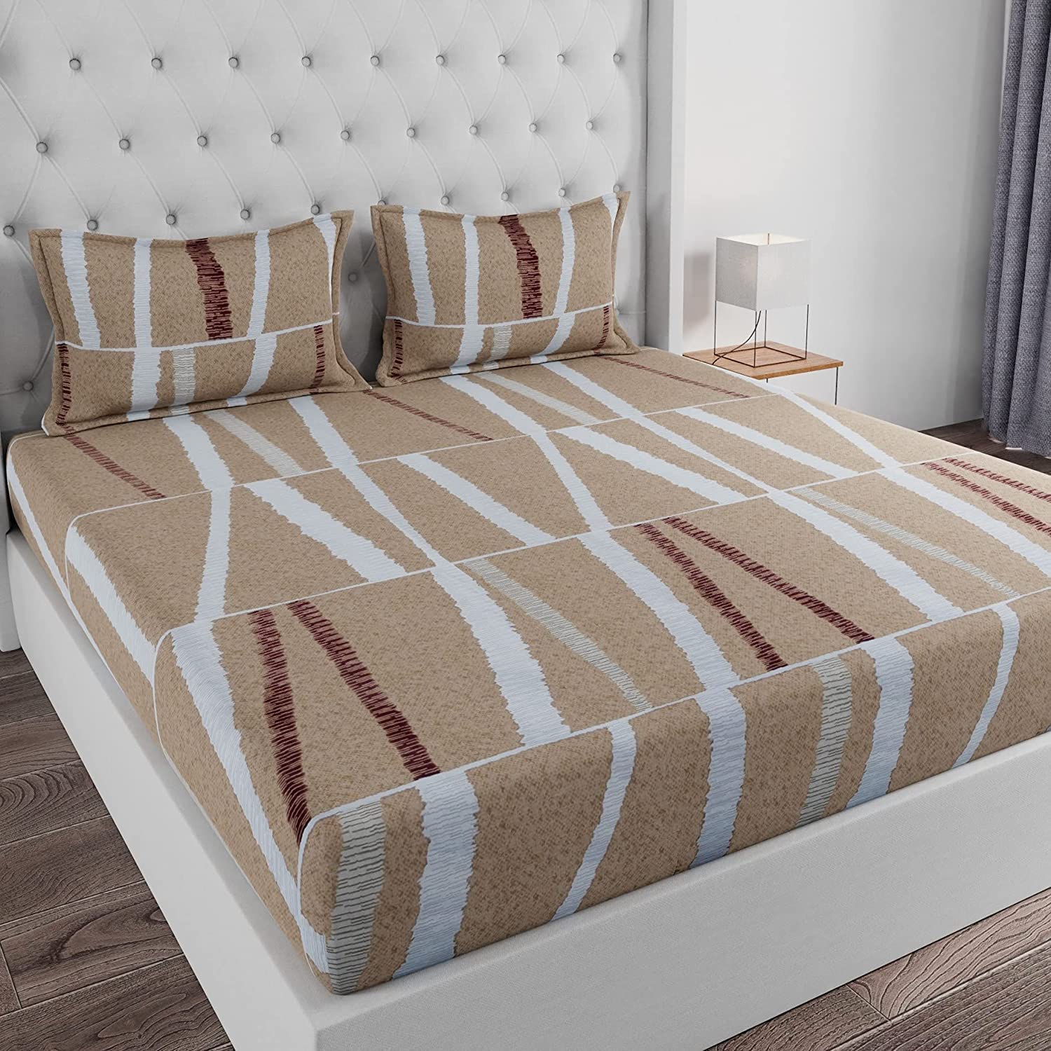 Huesland by Ahmedabad Cotton 144 TC Cotton Bedsheet for Double Bed with 2 Pillow Covers - Tan, Maroon & White (B09MFYY3VP) Amazon Price History, Amazon Price Tracker