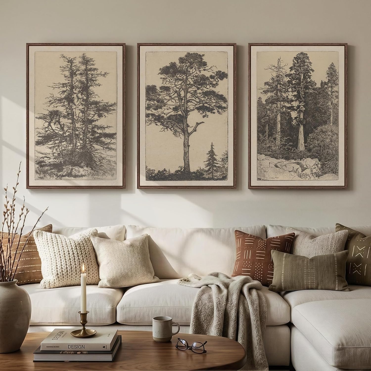 Framed Large Vintage Wall Art for Living Room, Wabi Sabi Tree Canvas 3 Piece Artwork, Classic Antique Sketch Forest Landscape Prints, Neutral Retro Botanical Rustic Painting for Bedroom 24x36 In