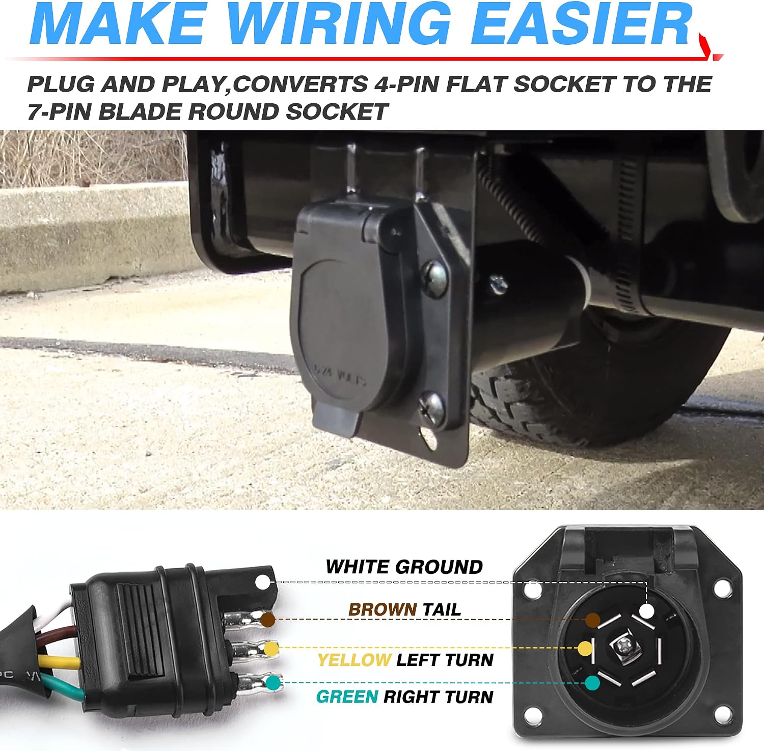 MICTUNING 4 Way Flat to 7 Way Round Blade Trailer Adapter Wiring Harness 4 Pin to 7 Pin Electrical Connect Wiring Plug Connector with Mounting Bracket for RV Truck Factory Tow Package