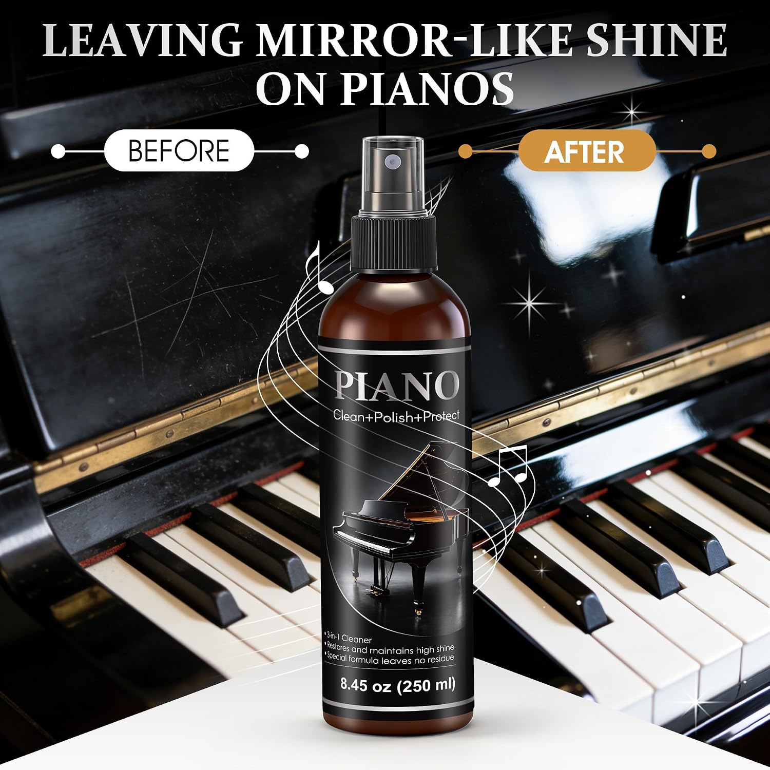 8.45 oz Piano Cleaner Polish Kit for High Gloss Finishes, Clean, Shine & Protect Care Spray with Dust Brush & 2 Microfiber Cleaning Cloths, Anti-static Removes Dust, Fingerprints & Smudges