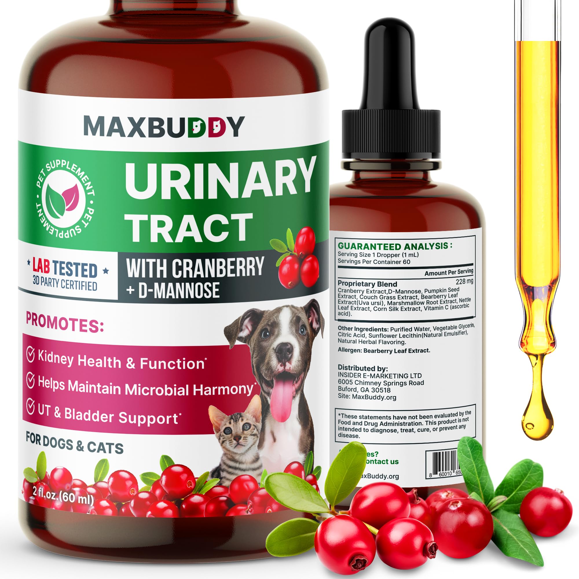 Natural UTI Treatment Support - Cranberry Urinary Tract Infection Care & Prevention Assistance for Cats and Dogs – Kidney & Bladder Wellness Supplement Drops - Support for Urine Flow