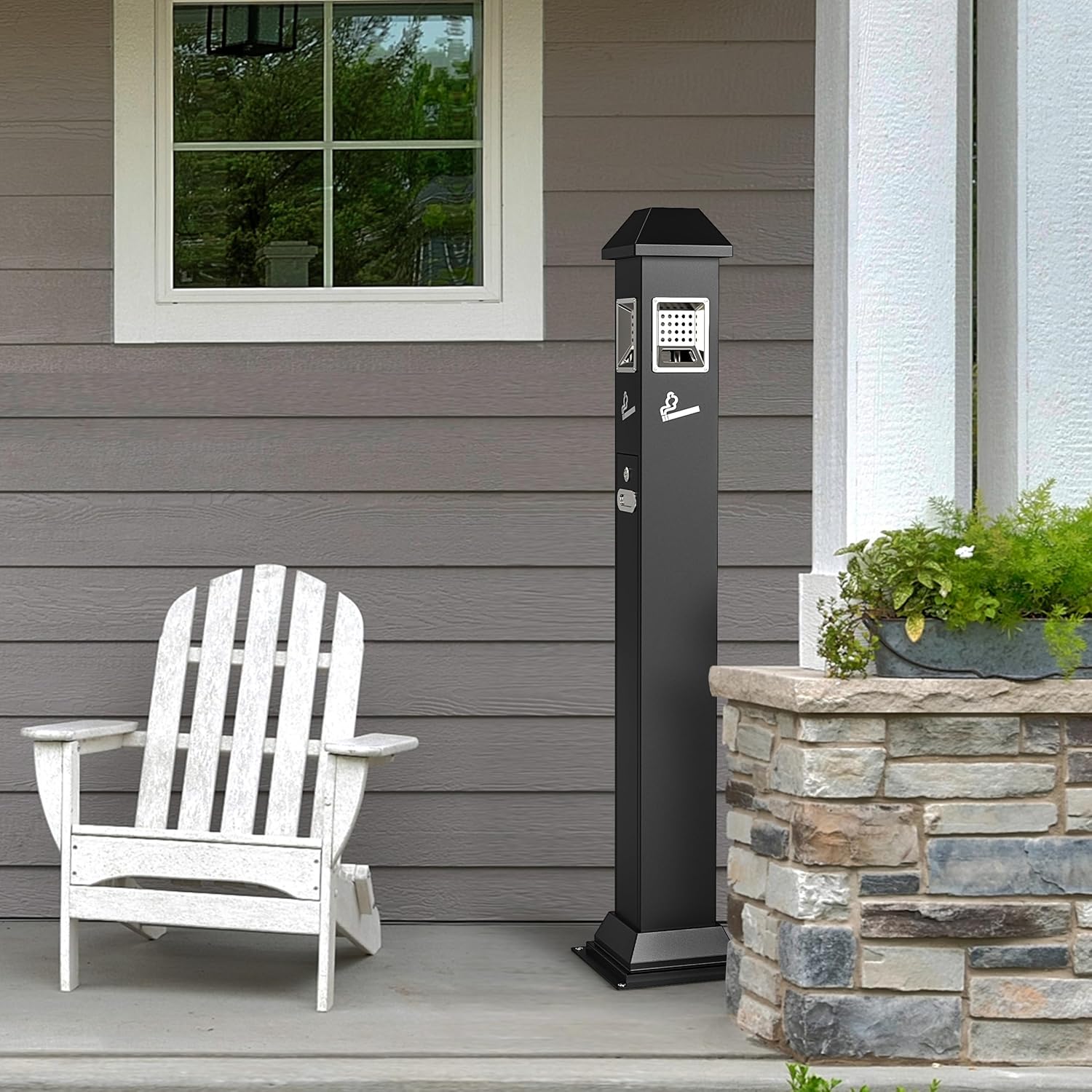 Black Commercial Outdoor Ashtray Metal Butt Container Butts Outpost Site Saver Receptacle Ash Disposal Outdoor Vertical Trash Can for Patios Gardens Hotels Pubs Offices