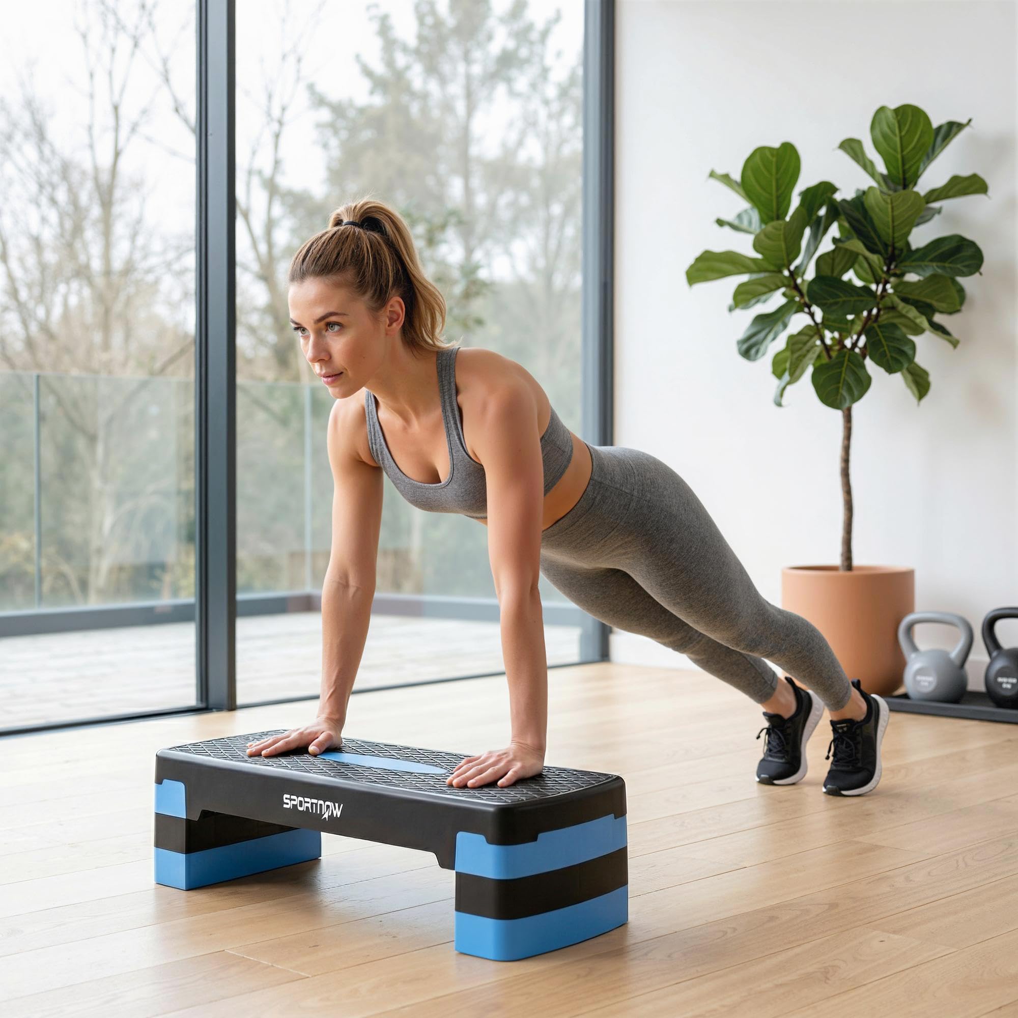 SPORTNOW Stepper Fitness Aérobic 3 Niveaux, Hauteur Réglable 10/15/20 cm avec Rehausses, Surface Antidérapante, Charge 150 kg, Stepper Aérobic pour Maison et Salle de Sport, Bleu