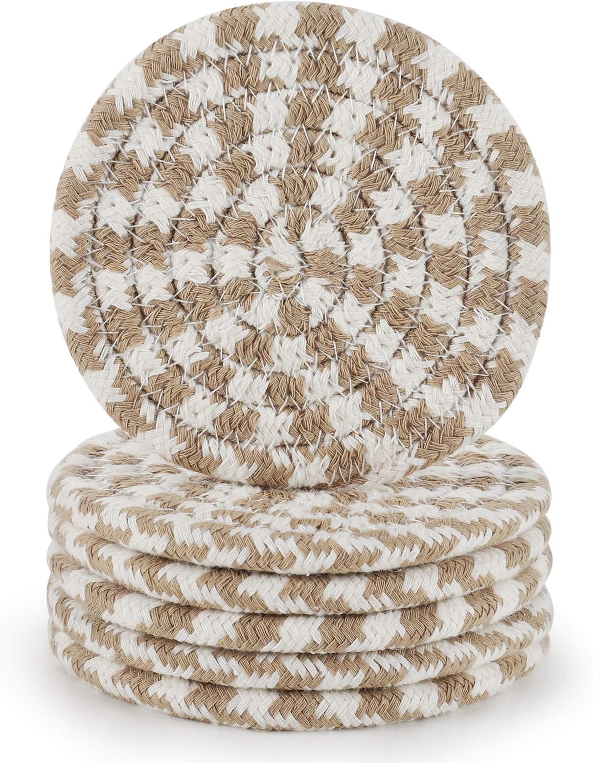 ABenkle Drink Coasters, 6Pcs Stylish Handmade Braided Drink Coasters 11cm (4.3inch), 100% Pure Cotton Super Absorbent Round Coasters for Drinks, Great Housewarming Gift (Brown Mixed White)