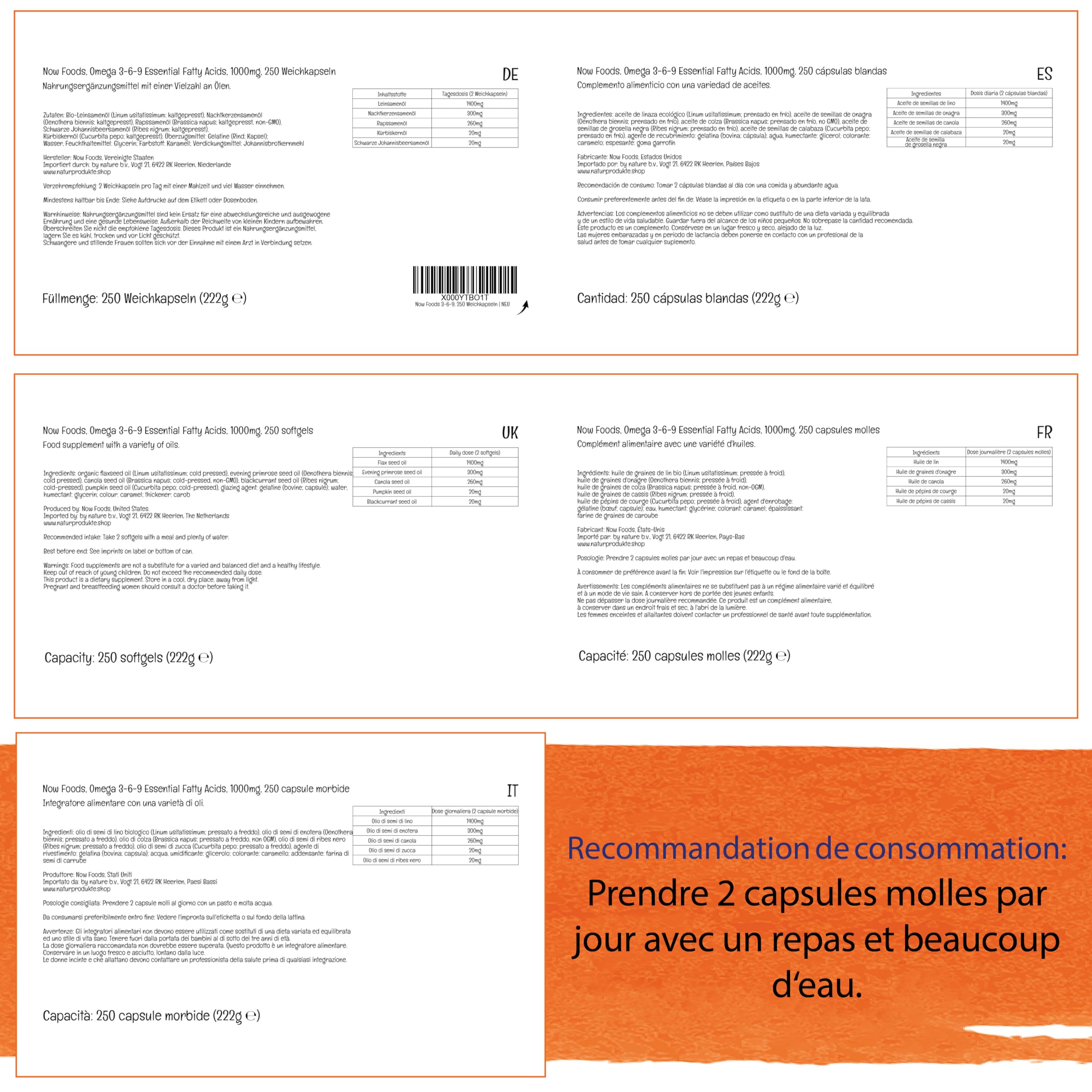 Now Foods, Omega 3-6-9, 1.000 mg, 250 Gélules, Testé en Laboratoire, Acides Gras Essentiels, Sans Gluten, Sans Soja, Sans OGM