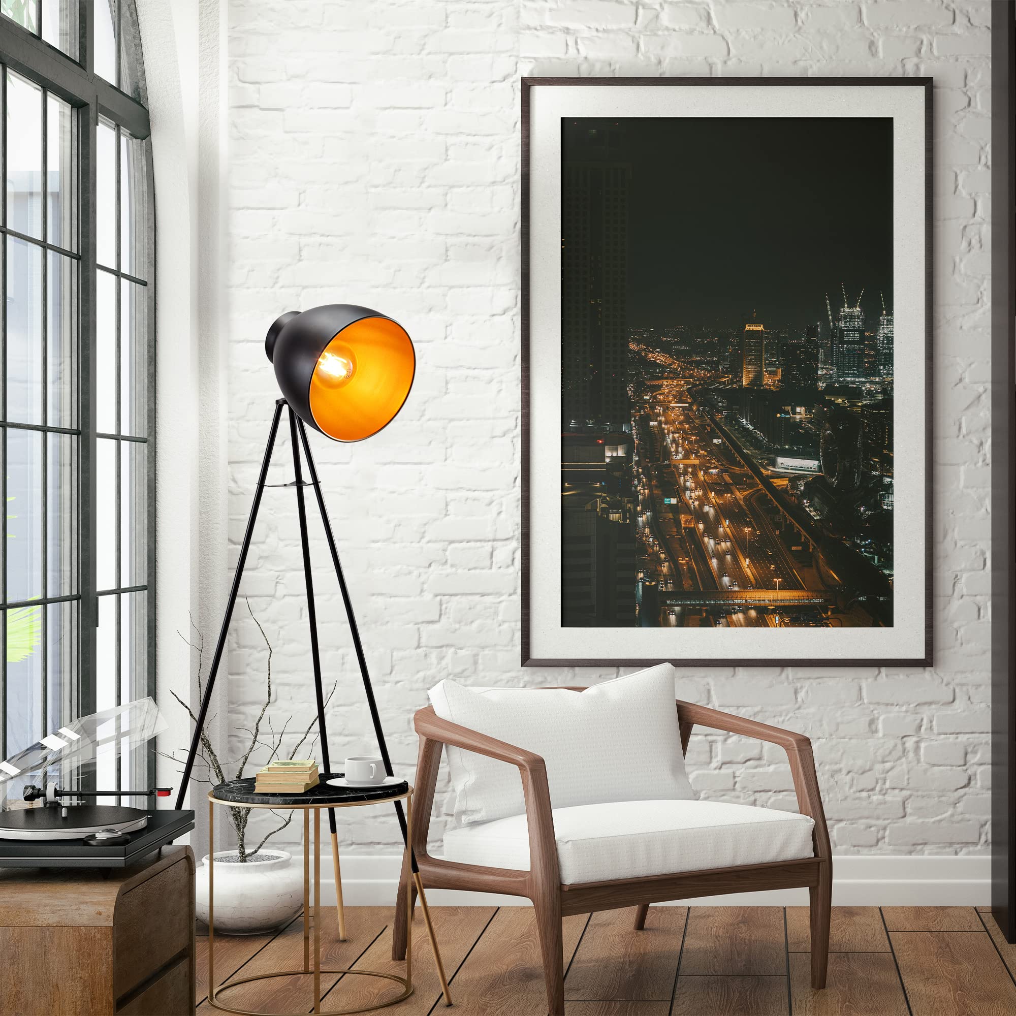 Reality Leuchten booglamp Tommy R46330579, metaal, mat zwart, stoffen kappen zwart/goudkleurig