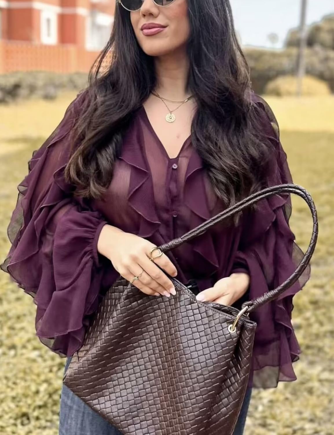 HangNiFang Ruffled Multi-Layered Summer Blouse for Women Trendy Semi See Through V-Neck Long Sleeve Button Chiffon Shirt Tops - Image 3