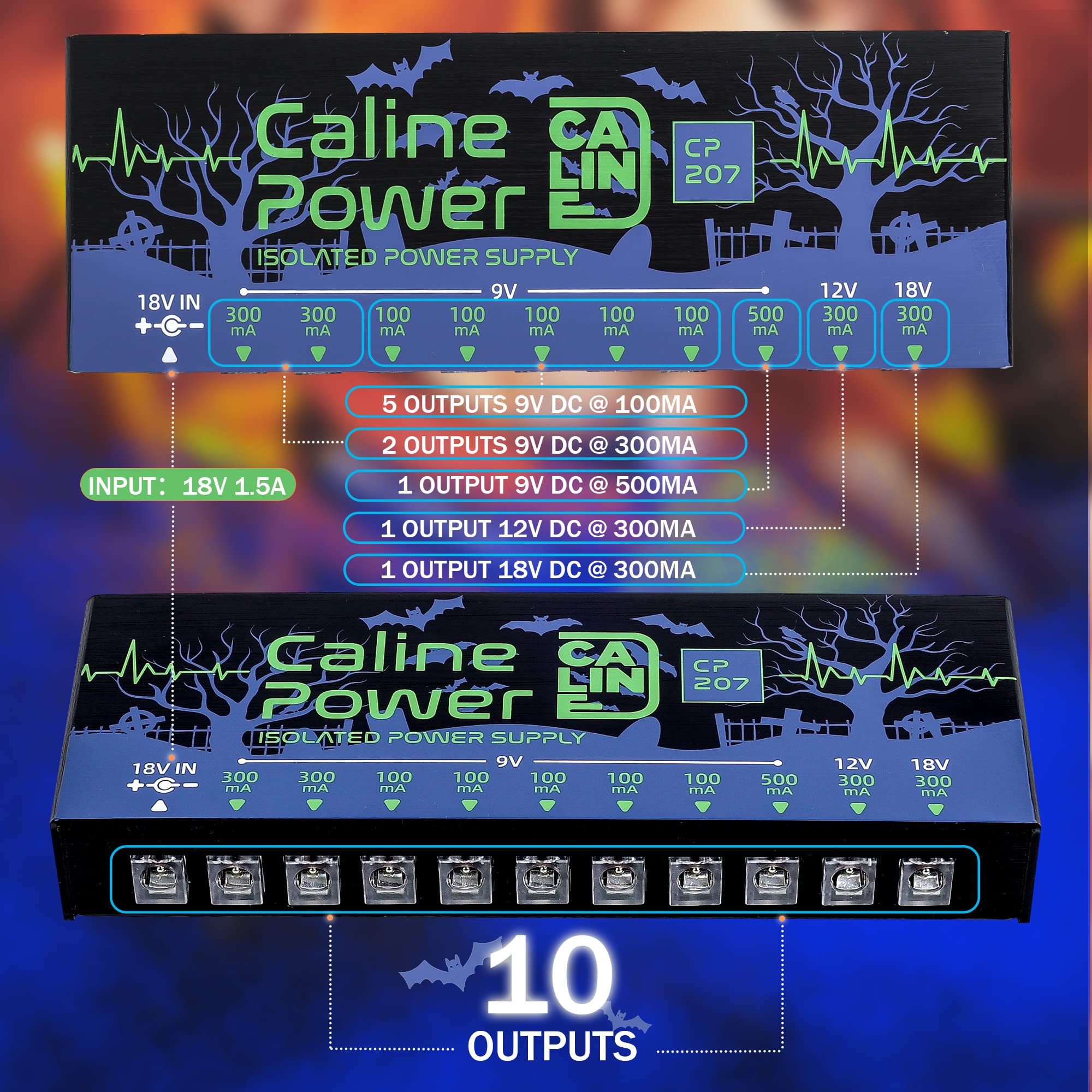 Caline CP-207 Fuente de alimentación para pedal de guitarra, 10 salidas aisladas para pedal de efecto de 9 V/12 V