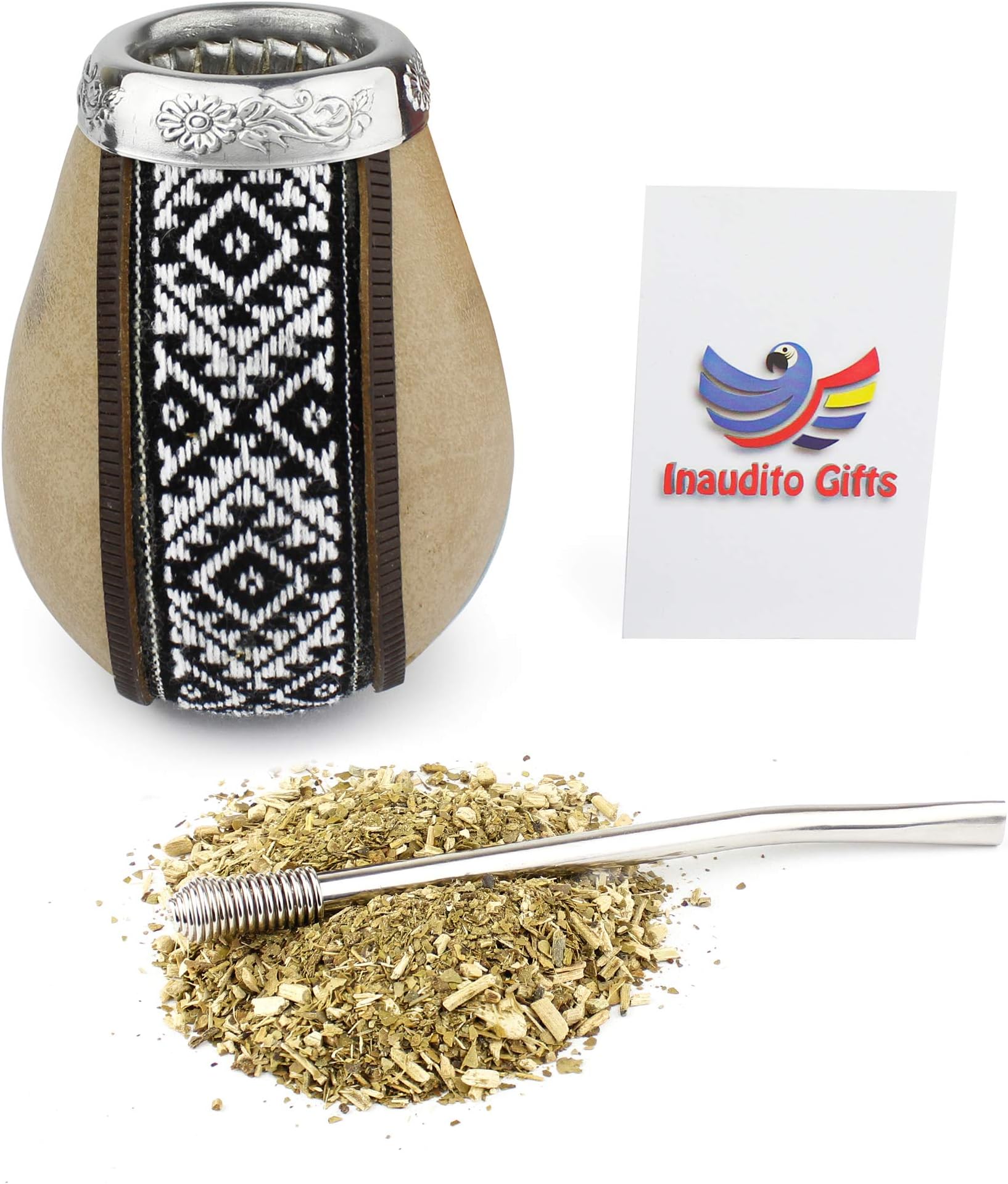 Yerba Mate Kit. Handmade mate gourd (not cured) and straw (bombilla) to drink Yerba Mate. Leather Edition. Family size (Beige)