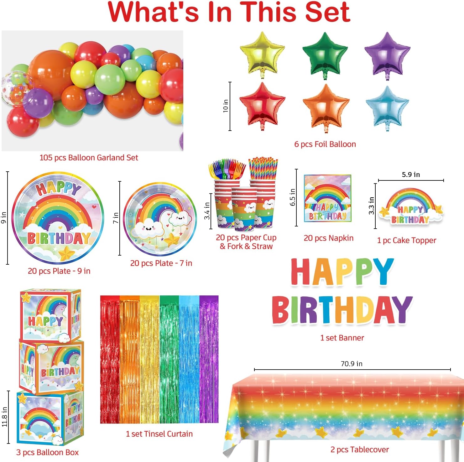 Cocomigo 245 Pcs Rainbow Birthday Decorations, All-in-one Rainbow Party Decorations with Plates, Banner, Balloon Arch, Fringe Curtain for Rainbow Birthday Party Decorations, 20 Guests - Image 2