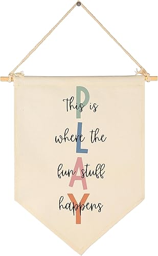 Señal de Juguemos - Aquí es donde suceden las cosas divertidas - Bandera decorativa, regalo para niños, bebés, niños y niñas recién nacidos - Señal