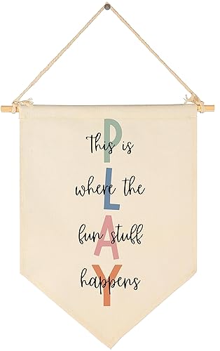 Letrero con texto en inglés "Let's Play" (This Is Where The Fun Stuff Happens), regalo de decoración de bandera para niños, bebés, niños y niñas