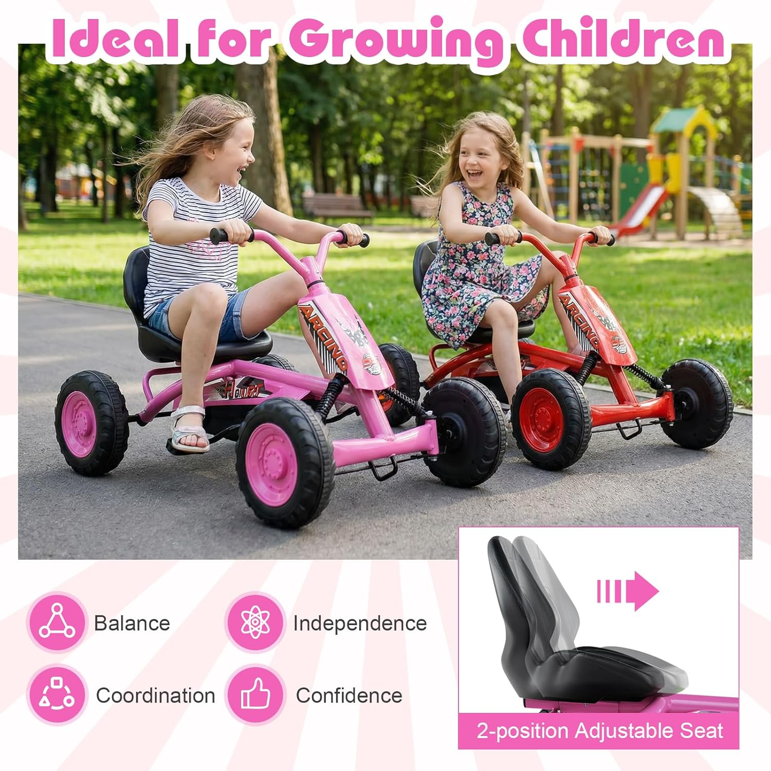 Costzon Go Kart for Kids, 4 Wheel Toddler Ride On Pedal Car with Steering Handlebars, Adjustable Seat, Outdoor Off-Road Racer Kiddie Cart, Toy Car Gift for Boys Girls Aged 3+ (Pink)