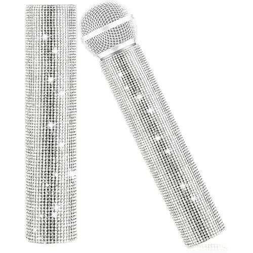 Silver Microphone Decorative Sleeve, Glitter Wireless Microphone Cover, Sparkling Bling Rhinestones Mic Handle Sleeve Protector for DiscoStage Tours & TV Shows (Mic Not Included)