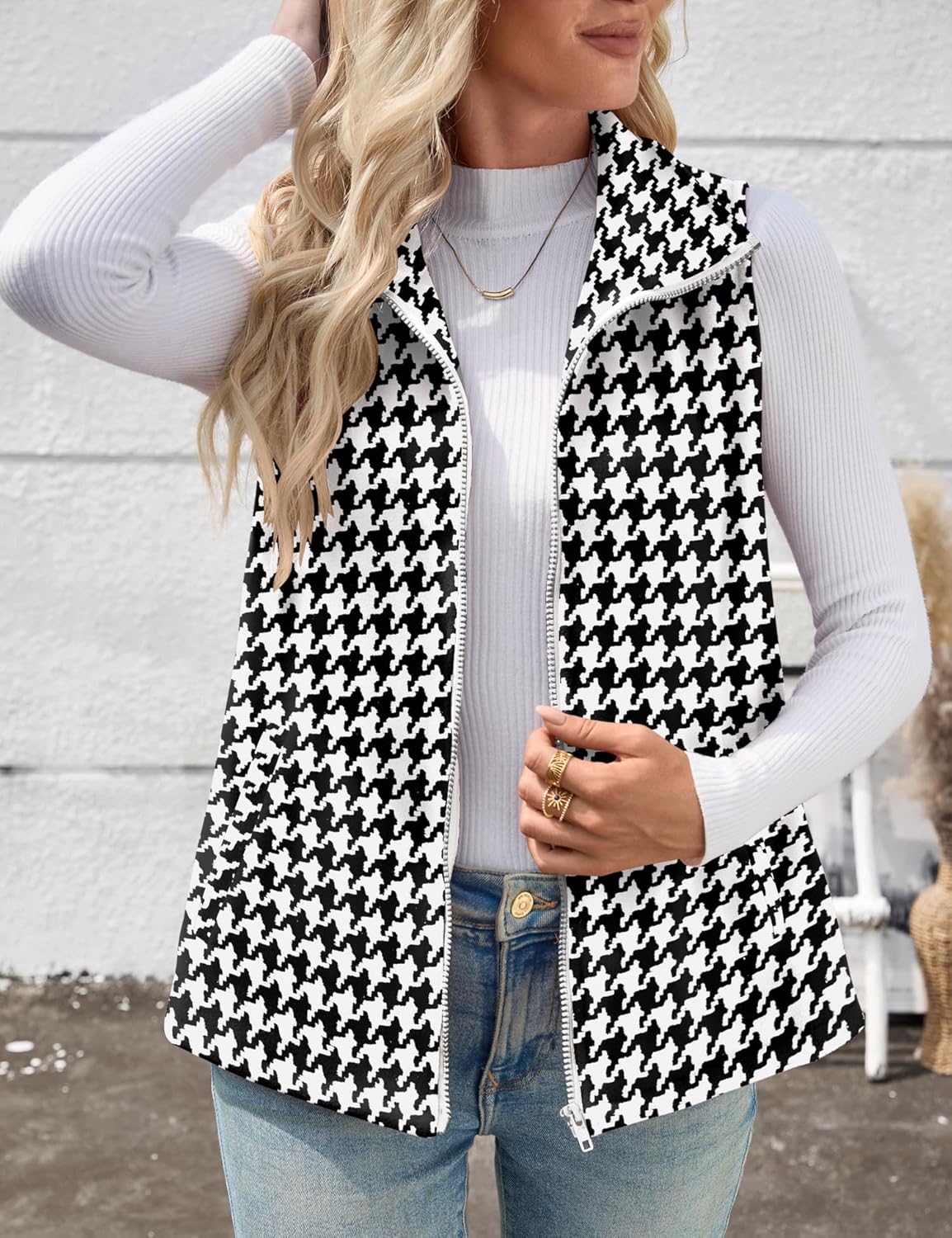Rapbin Women's Plaid Outerwear Vests Tops Zip Up Collared Sleeveless Jacket with Pockects - Image 7