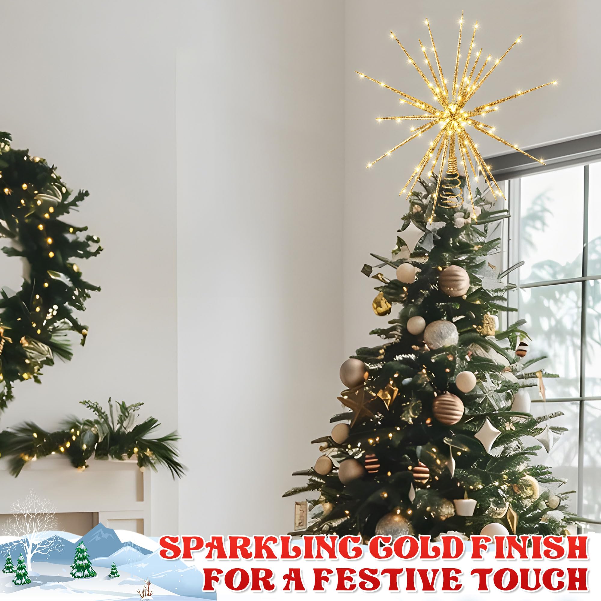 Meonum Cimier de sapin de Noël de 40,6 cm avec lumière LED, 25 lumières scintillantes, étoile de sapin de Noël pour décoration de sapin de Noël, taille universelle pour n'importe quel arbre, léger et