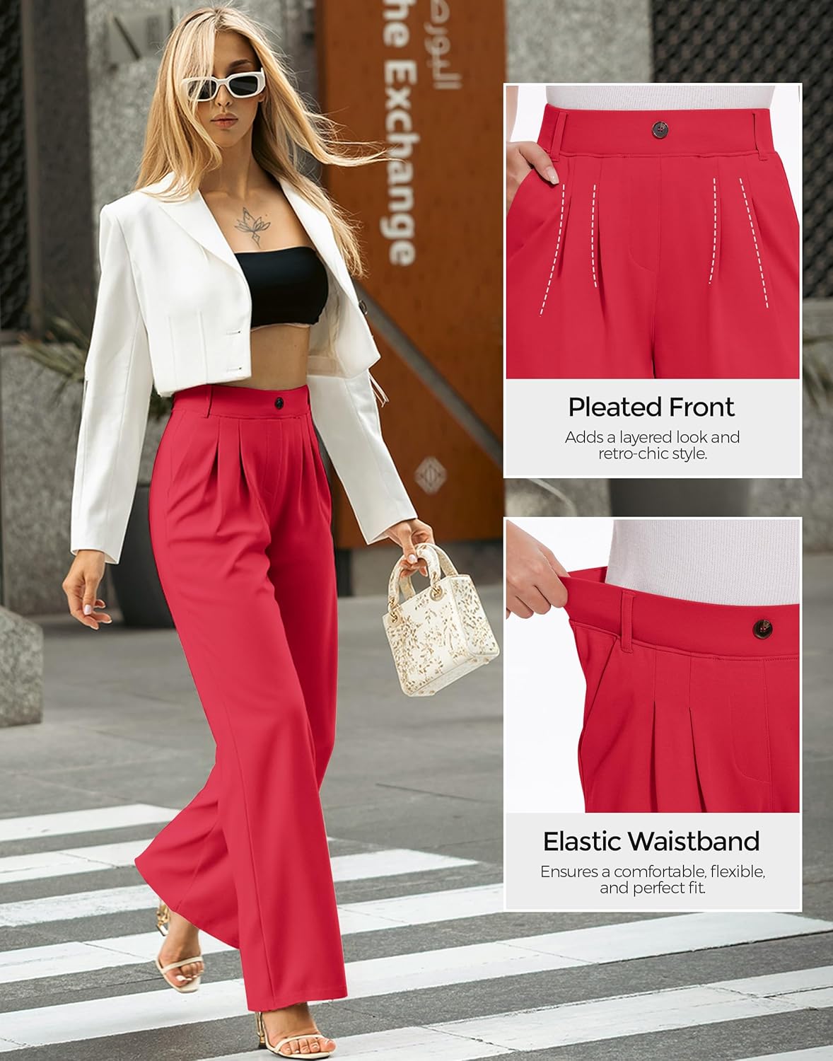 M MOTEEPI Women's Red Dress Pants Wide Leg - Stretchy High Waisted Work Pants Business Casual Office Trousers with Pockets 31" X-Large - Image 5