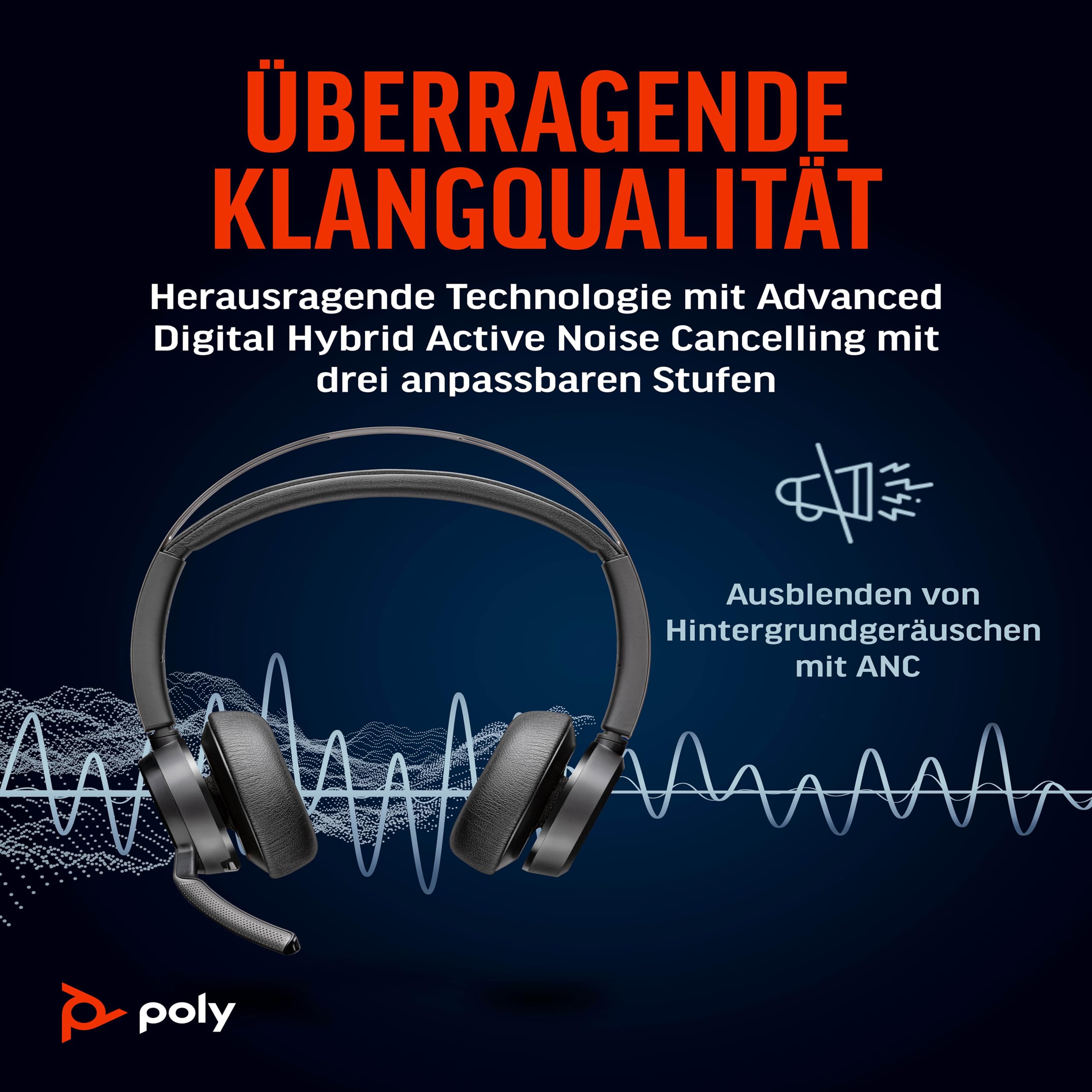 Poly Voyager Focus 2 UC schnurloses Headset mit Mikrofon & Ladestation – Active Noise Cancelling (ANC) – Verbindung mit PC/Mac/Mobiltelefon über Bluetooth – Kompatibel mit Teams (zertifiziert), Zoom