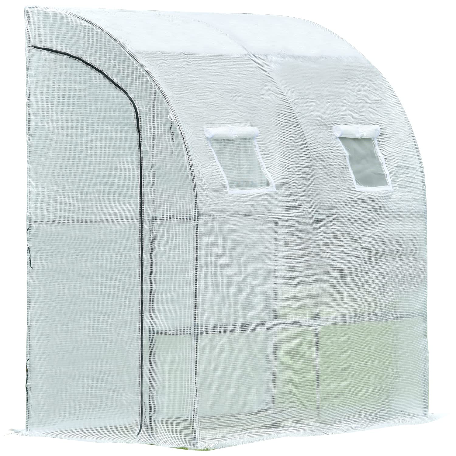 Aoodor 6.7' x 3.3' x 7.2' Lean-to Walk-in Greenhouse with Shelf and Durable PE Cover, Outdoor Garden House, Built-in 2 Vents and Two Roll-Up Zippered Door, White