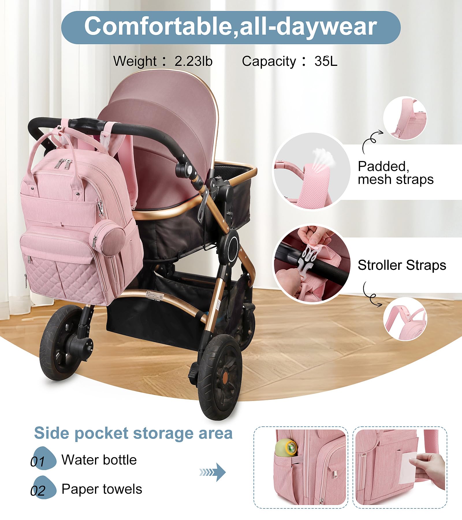 MOONBABY Wickeltasche Rucksack, Baby-Wickeltaschen mit tragbarer Wickelunterlage und Schnullertasche