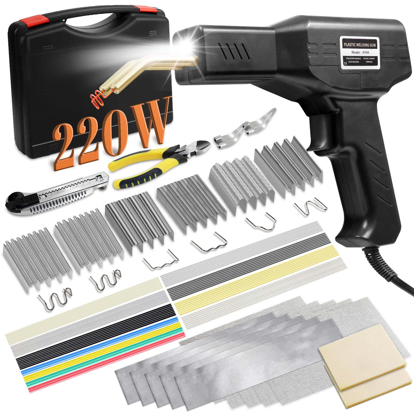 Soldador de plástico de 150 W, kit de soldadura de plástico, reparación de parachoques de coche, 800 grapas calientes y 56 piezas, 7 tipos de varillas de soldadura de plástico para reparación de