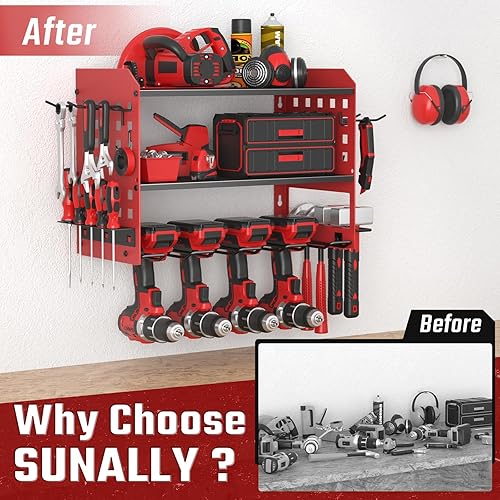 Miniatura 25 de Organizador de herramientas eléctricas, estante de almacenamiento de herramientas montado en la pared con estantes flotantes de 3 capas y 4 soportes