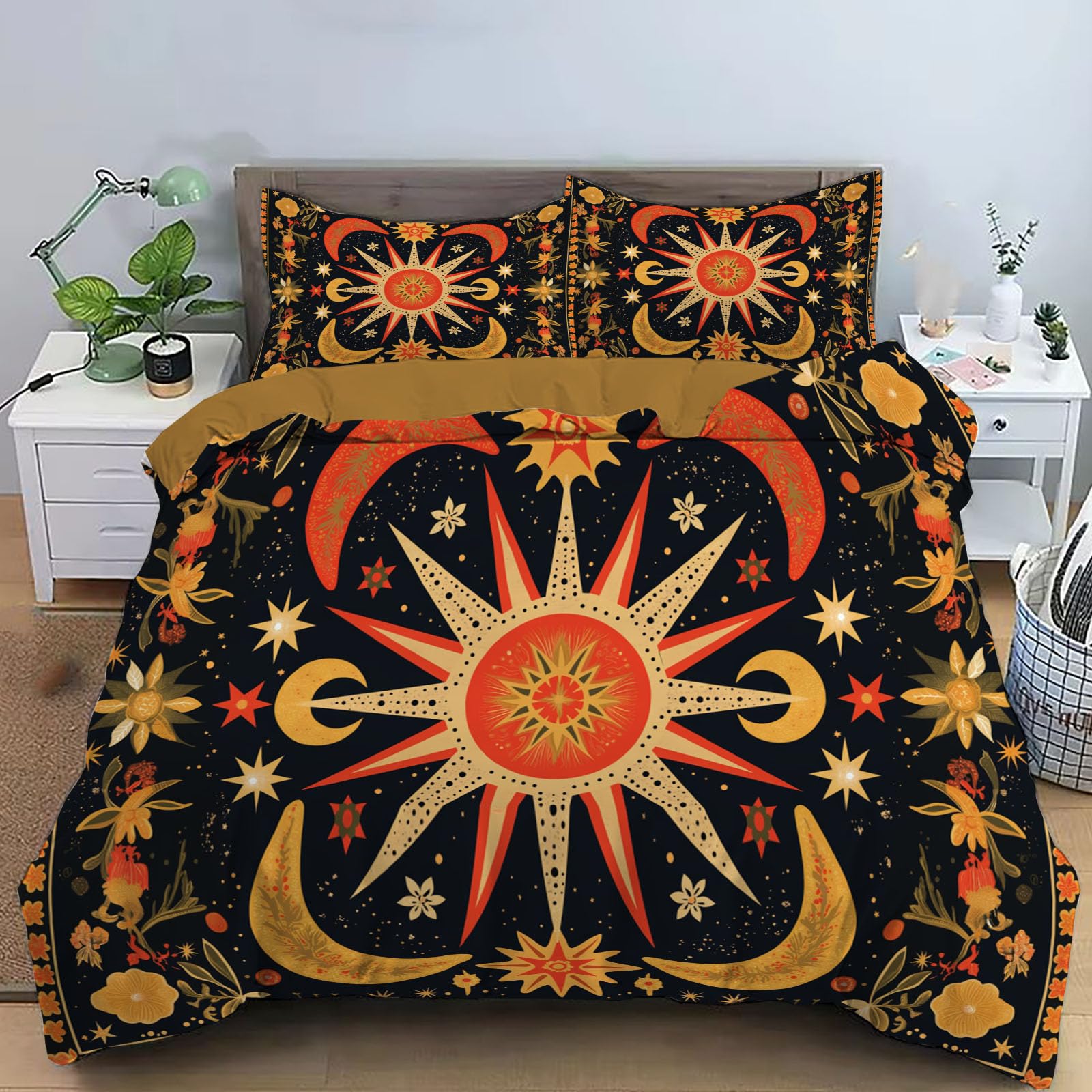 Housse de couette 220x240cm tarot géométrique orange noir réversible en microfibres