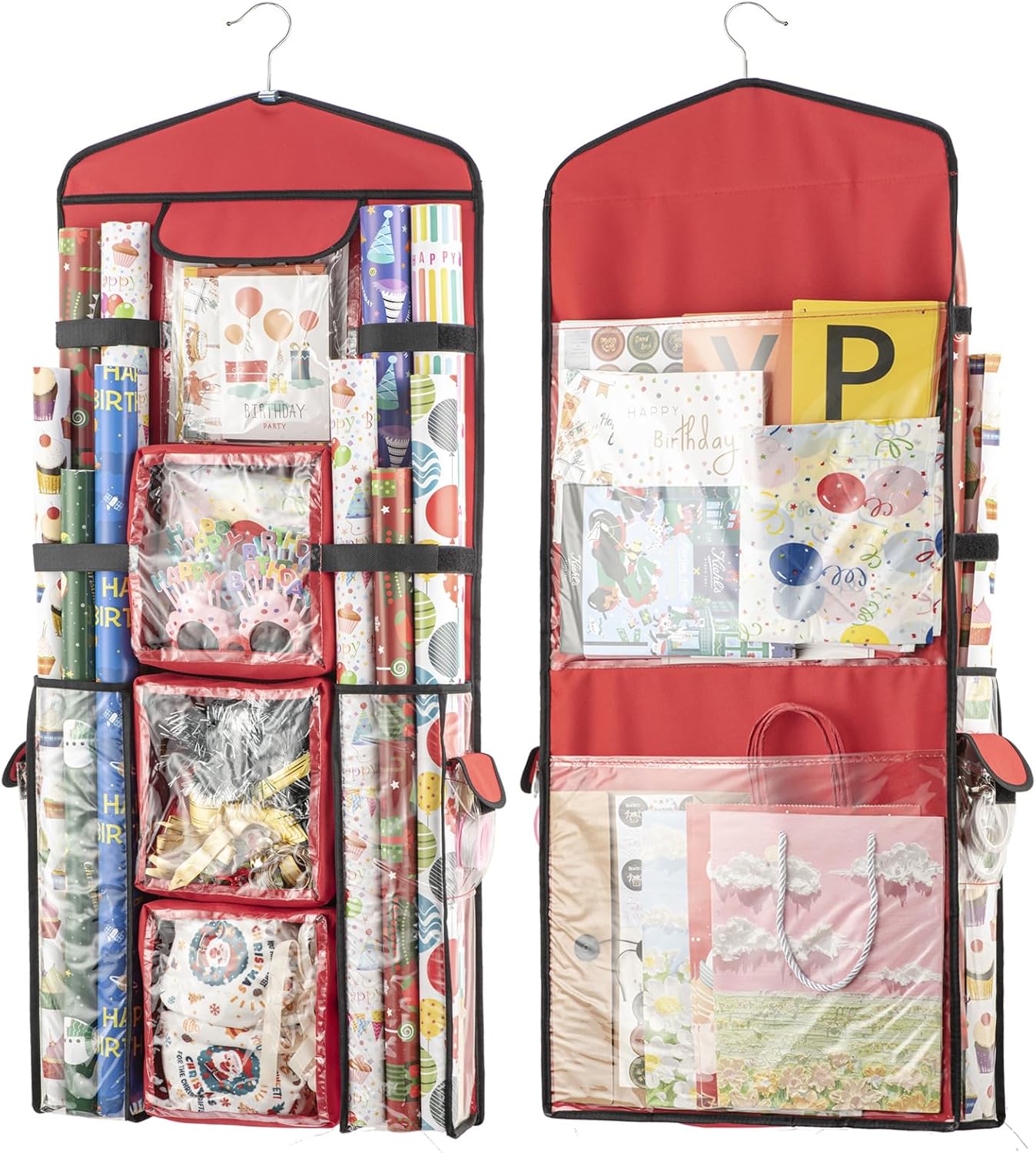 Christmas Wrapping Paper Organizer Storage, Hanging Gift Bag Storage Organizer, Double-Sided Wrapping Paper Holder Storage - Red