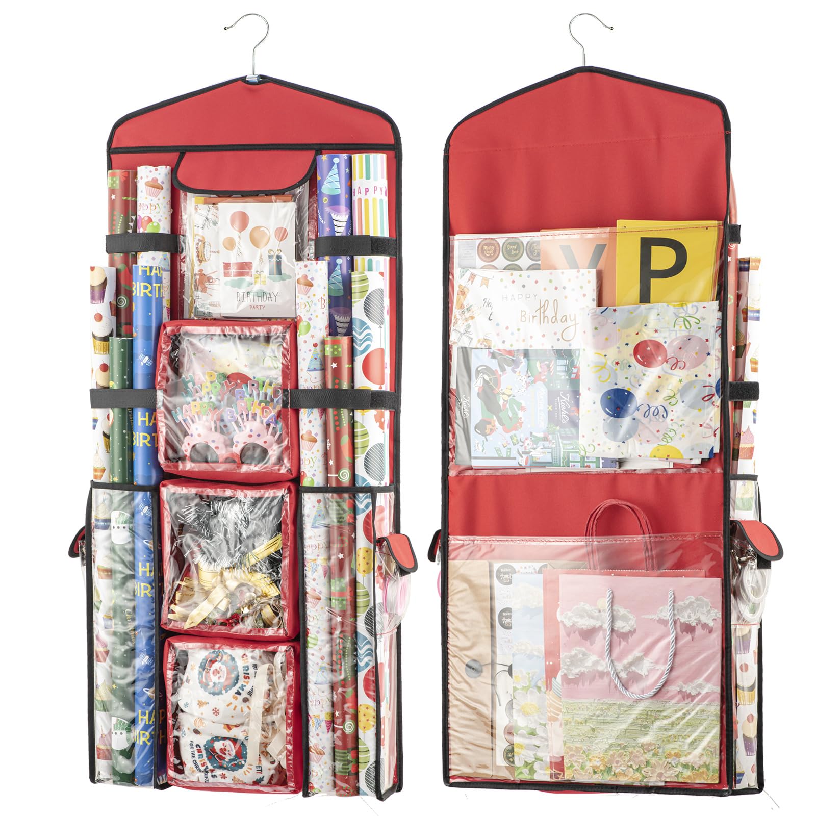 Christmas Wrapping Paper Organizer Storage, Hanging Gift Bag Storage Organizer, Double-Sided Wrapping Paper Holder Storage - Red