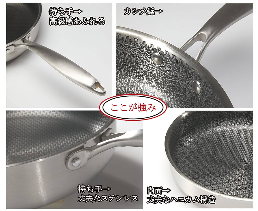 ハニカムパターン フライパン*3 Amazon｜ふた付フライパン、きハニカム構造の316ステンレス鋼