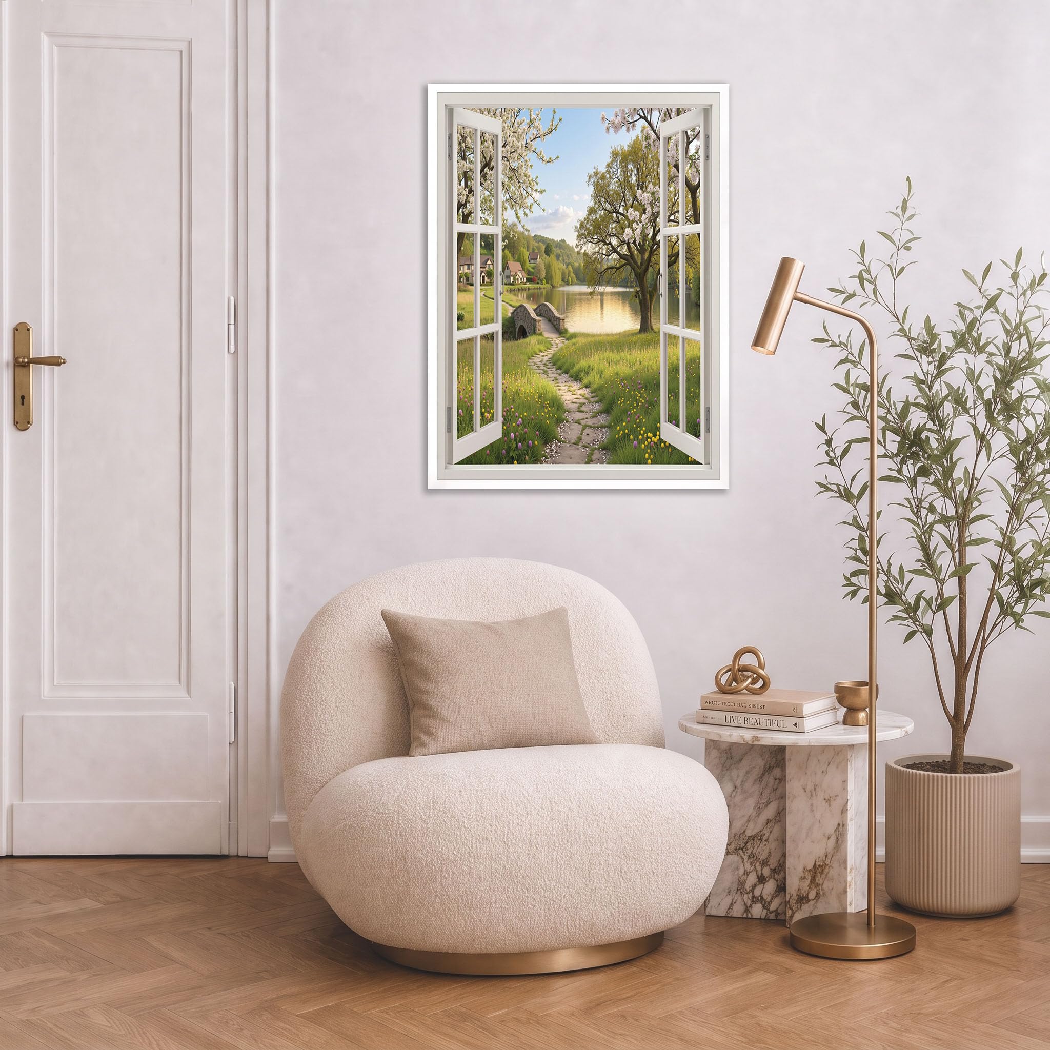 JRISEMECY Sin Marco Cuadros Modernos Verde Vista Desde La Ventana Al Lago Cuadro Decorativos Lienzo Pintura Imágenes Pradera Rural Cabaña Laminas Decorativas Pared Salon Dormitorio Comedor 60X80Cm