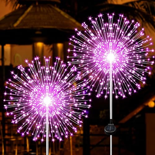 Solar Firework Lights, 2 Pack 120 LEDs 2 Lighting Modes Solar Garden Lights Outdoor Waterproof for Yard Patio Walkway Pathway Party Wedding Christmas Decorative - Pink