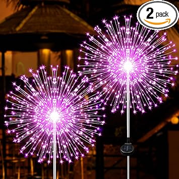 JJGoo Solar Firework Lights, 2 Pack 150 LEDs 2 Lighting Modes Solar Lights Outdoor Waterproof for Garden Patio Walkway Pathway Party Wedding Christmas Decorative - Pink
