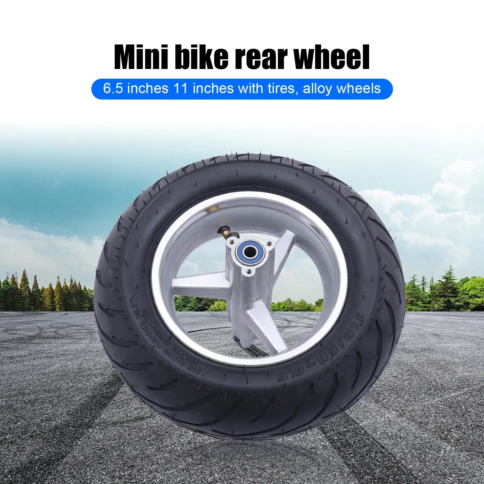 110/50-6,5 Hinterrad-Reifen, Pocket Rocket Bike mit Reifenfelge, Nabe und Schlauch für 49cc 2-Takt-Mini-Motorrad, 10 mm Loch-Innendurchmesser, Schwarz