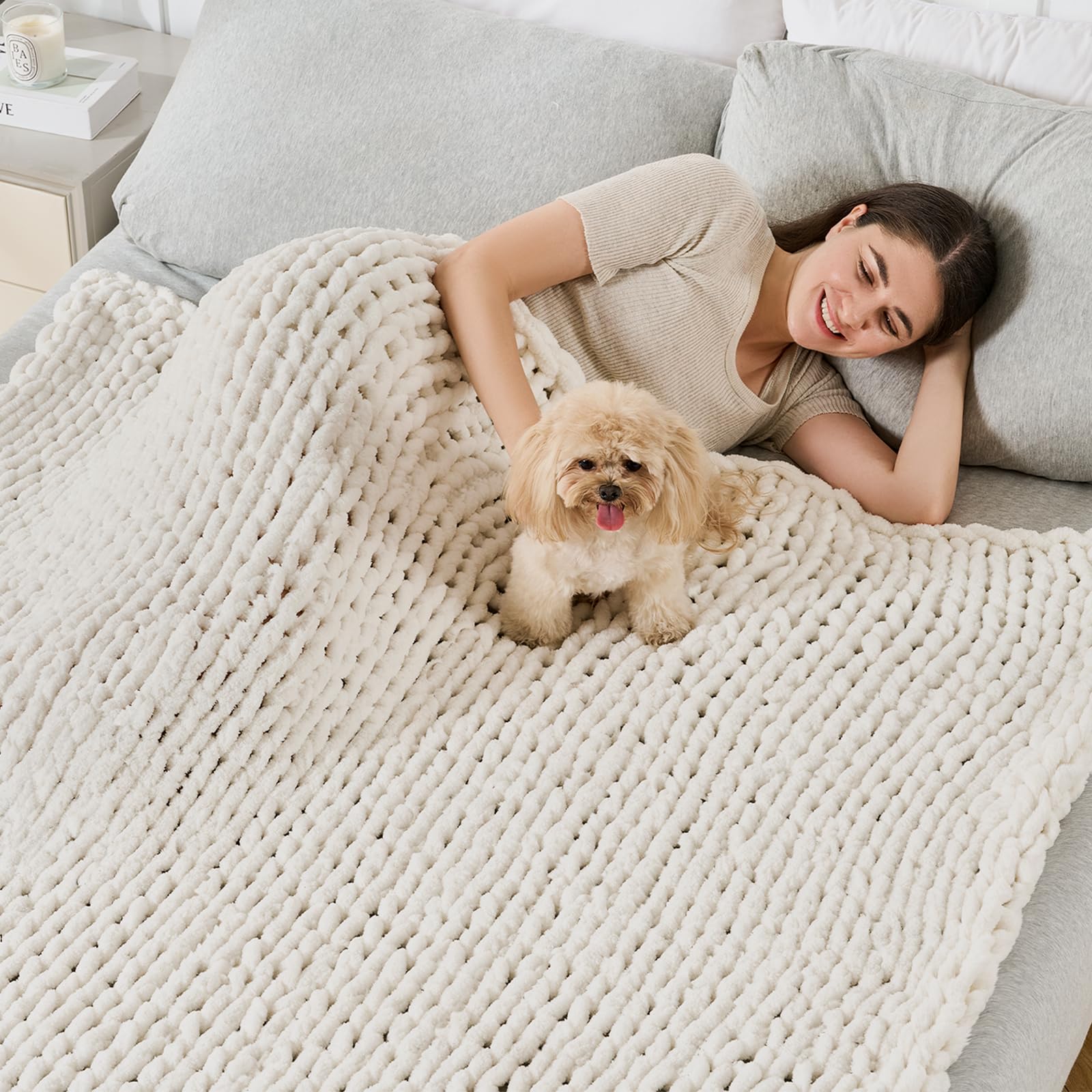 Maetoow Grobstrick-Decke, Überwurf, handgefertigt, warm und gemütlich, Decke, Couch, Bett, Heimdekoration, weiches, atmungsaktives Fleece, 127x152 cm, cremefarben Baby