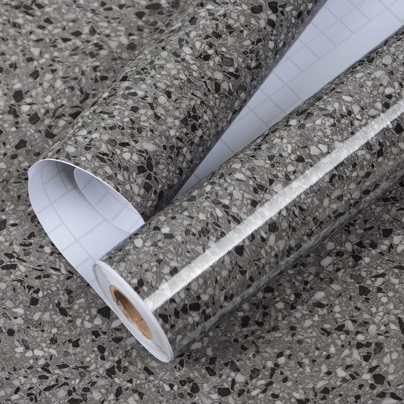 Black Gray Terrazzo Wallpaper 400" X 16" Granite Vinyl Countertop Contact Paper for Kitchen Counters Sinks Cover Top Laminate Stick and Peel Waterproof Wall Paper for Table Covers Stains