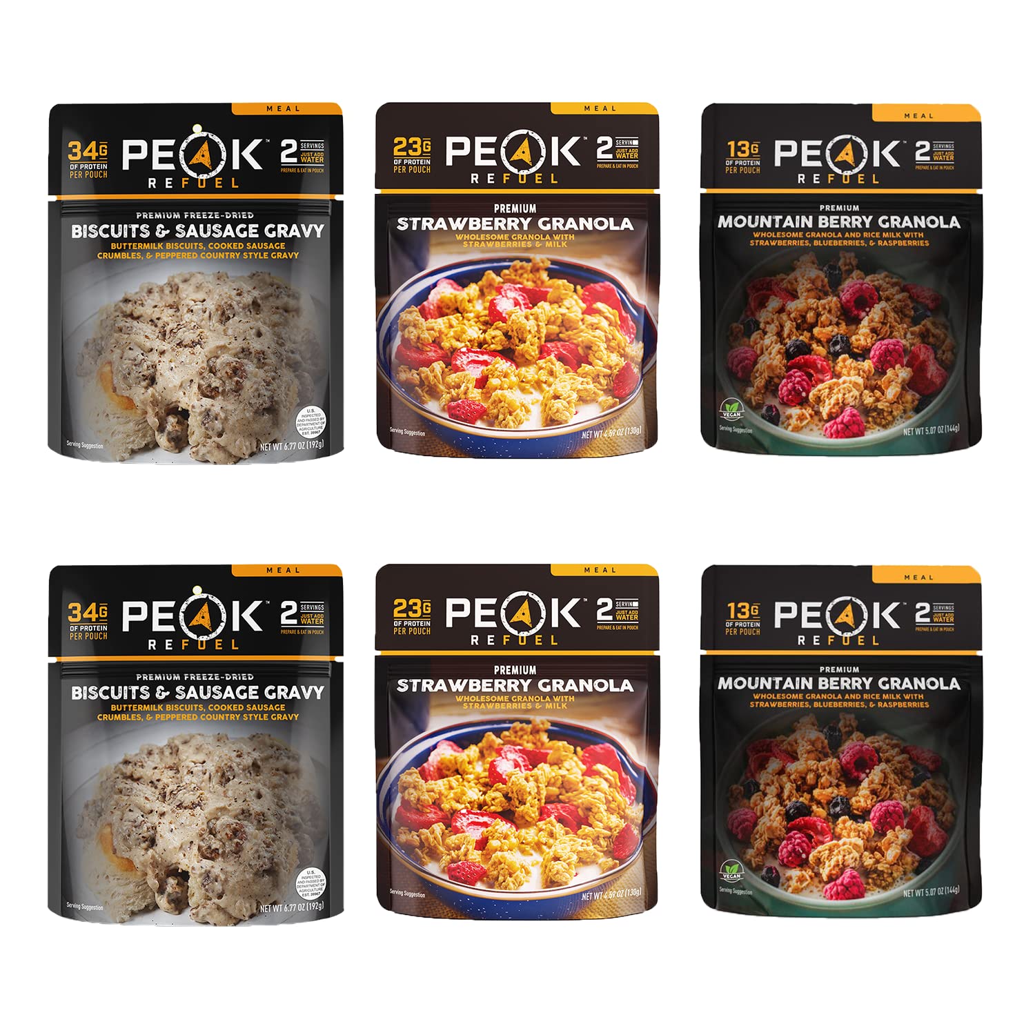 Peak Refuel Breakfast Variety 6 Pack | Premium Freeze Dried Camping Food | Backpacking & Hiking MRE Meals | Just Add Water | 100% Real Meat | 12 Total Servings