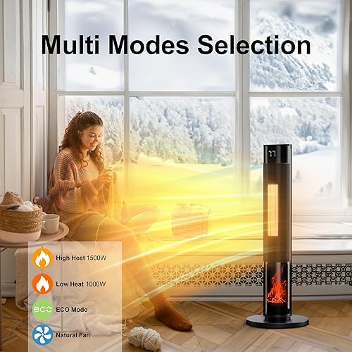 Miniatura 7 de Space Heaters for Indoor, 34Large PTC Ceramic Heater with Flame, 1500W Electric with Thermostat, 90Oscillating Portable Tower Heater with Remote for