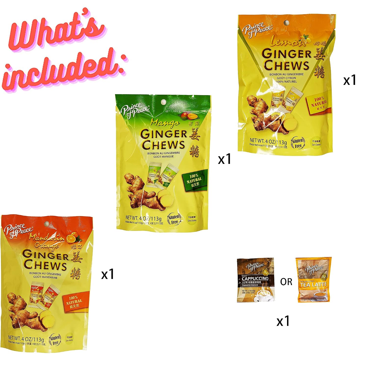 Ginger Chews 3 Variety Pack Candy Bundle, 4oz - Lemon, Mango, Mandarin Orange Flavors - 100% Natural, non-GMO, Vegan and Gluten-Free for Nausea & bellyache - Include free 20g instant Cappuccino or 17g instant latte