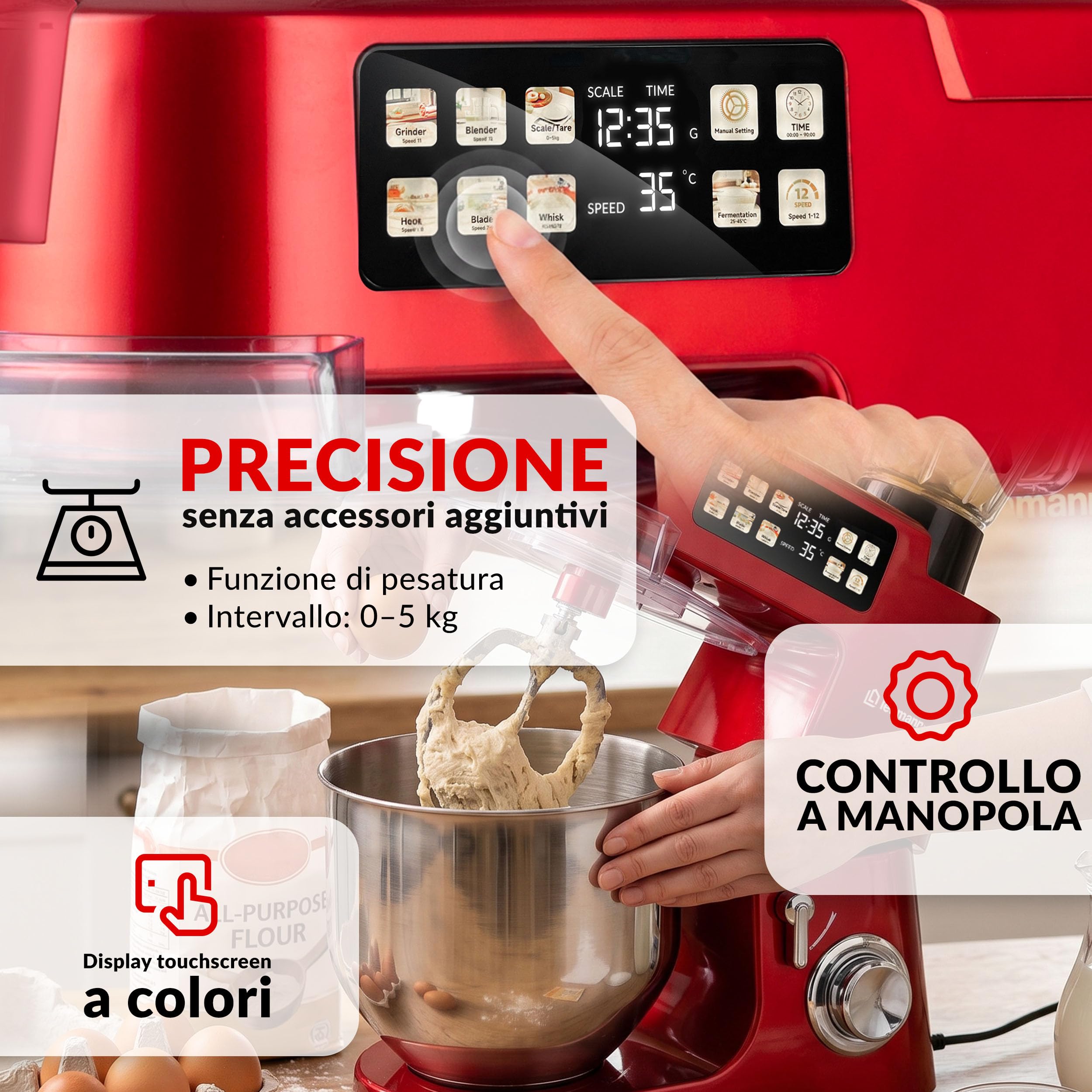 LEHMANN Teyles Impastatrice Planetaria Professionale 2100W 8L con Bilancia Integrata, Touchscreen e Ciotola Riscaldata, Blender 1,5L, Tritacarne, Planetaria per Pane e Pizza, Rosso