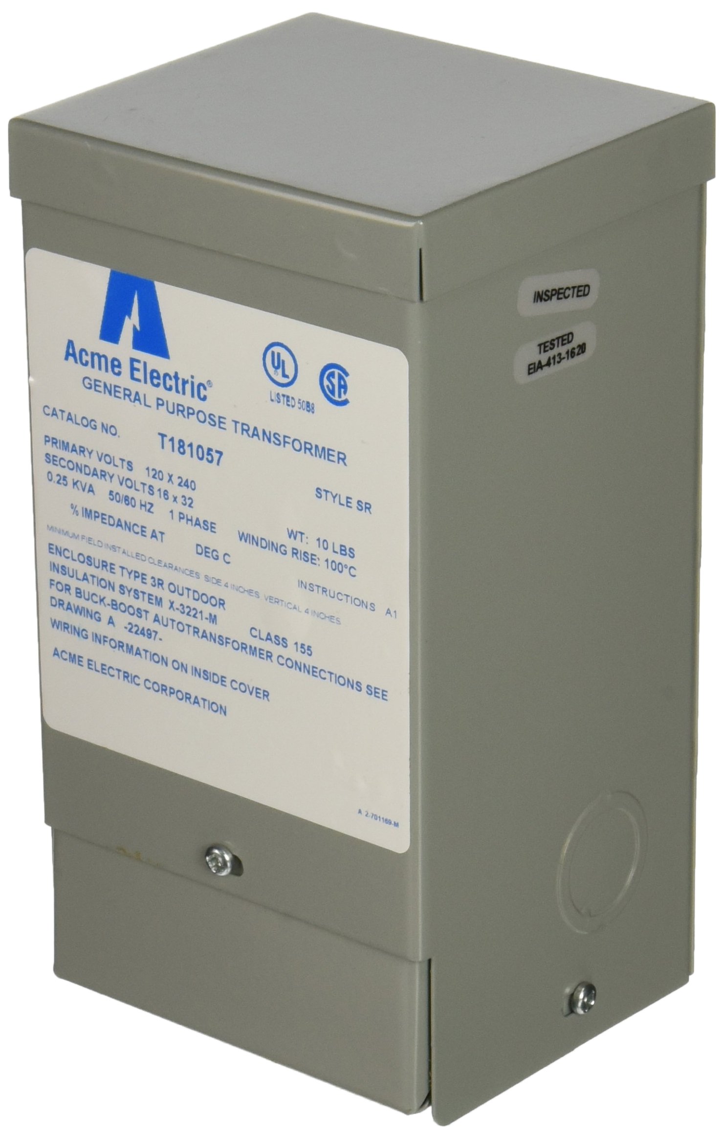 Acme Electric T181057 Buck-Boost Transformer, 1 Phase, 60 Hz, 0.25 kVA, 120V x 240V Primary Volts, 16V/32V Secondary Volts