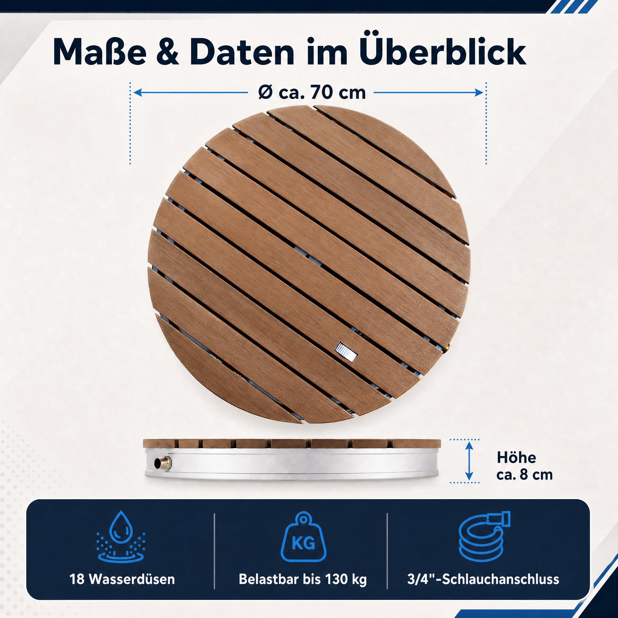 @tec Gartendusche, Ø 70 cm, Höhe: 7,5 cm, Bodendusche für Garten, Pool & Camping, WPC-Bodenplatte mit 18 Fontänen, Fußventil mit Stellrad, 3/4-Zoll Schlauchanschluss, mobil