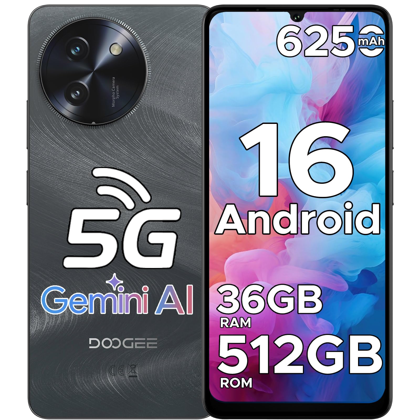 DOOGEE Note 59 Pro+ Smartphone 5G Android 16 Gemini AI, 512GB ROM+36(12+24) GB RAM Telefono Cellulare, 6250mAh 6.75" HD+120Hz Schermo Telefoni 50MP+8MP, Cellulari Face Unlock/Fingerprint/NFC, Nero